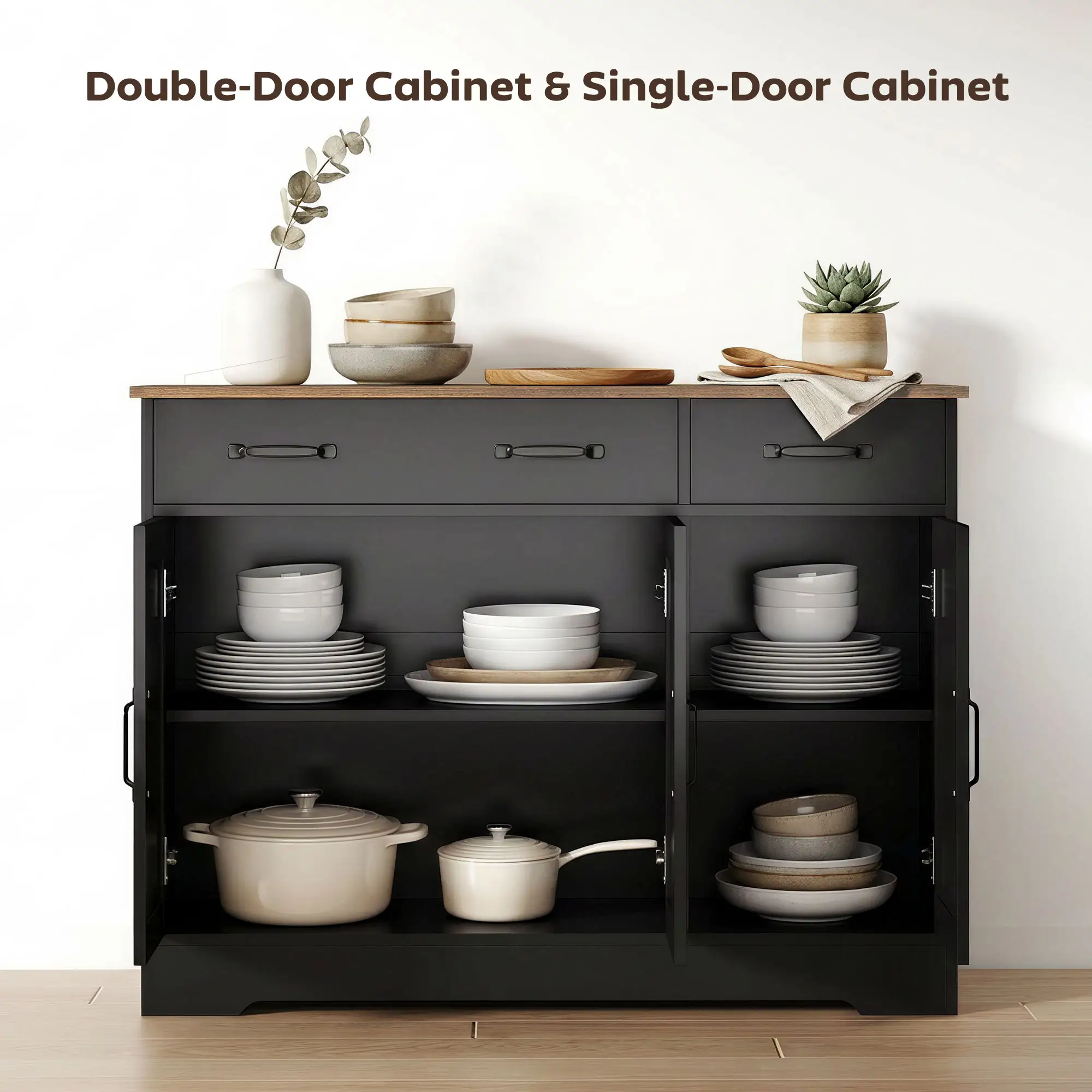 43" Sideboard Buffet Cabinet, 3 Barn Doors, 2 Drawers, Black - Image 4