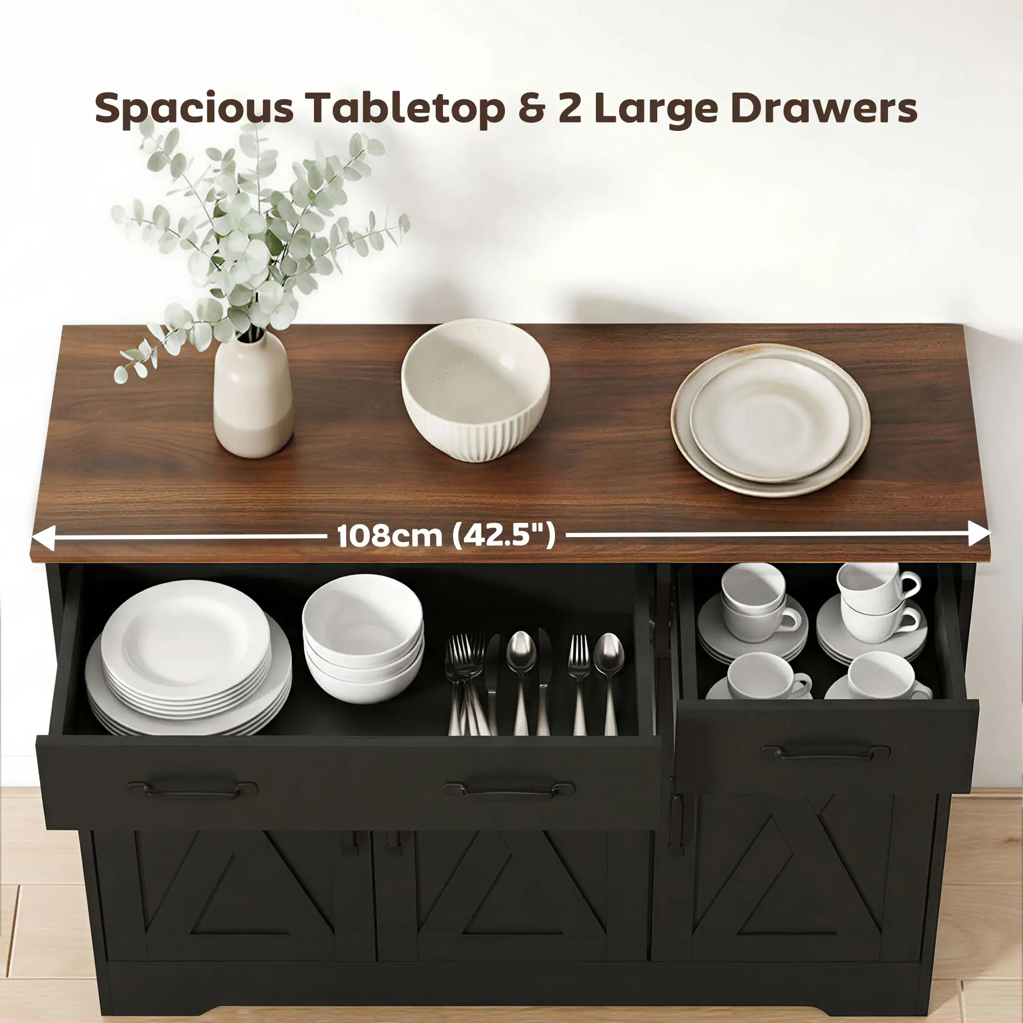 43" Sideboard Buffet Cabinet, 3 Barn Doors, 2 Drawers, Black - Image 5