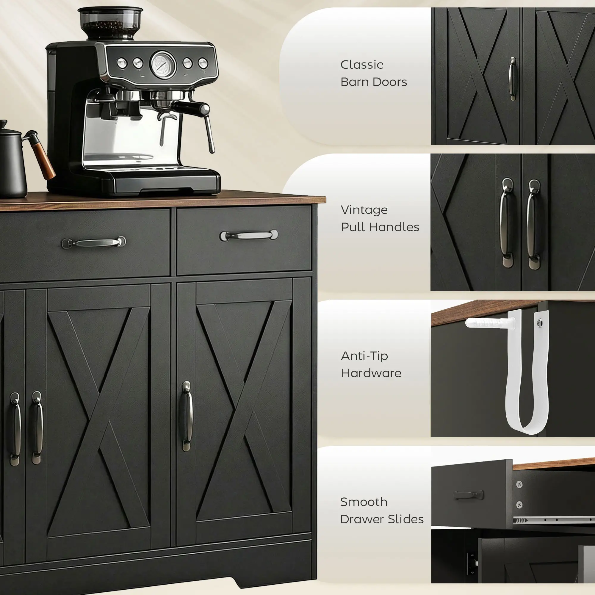 43" Sideboard Buffet Cabinet, 3 Barn Doors, 2 Drawers, Black - Image 7