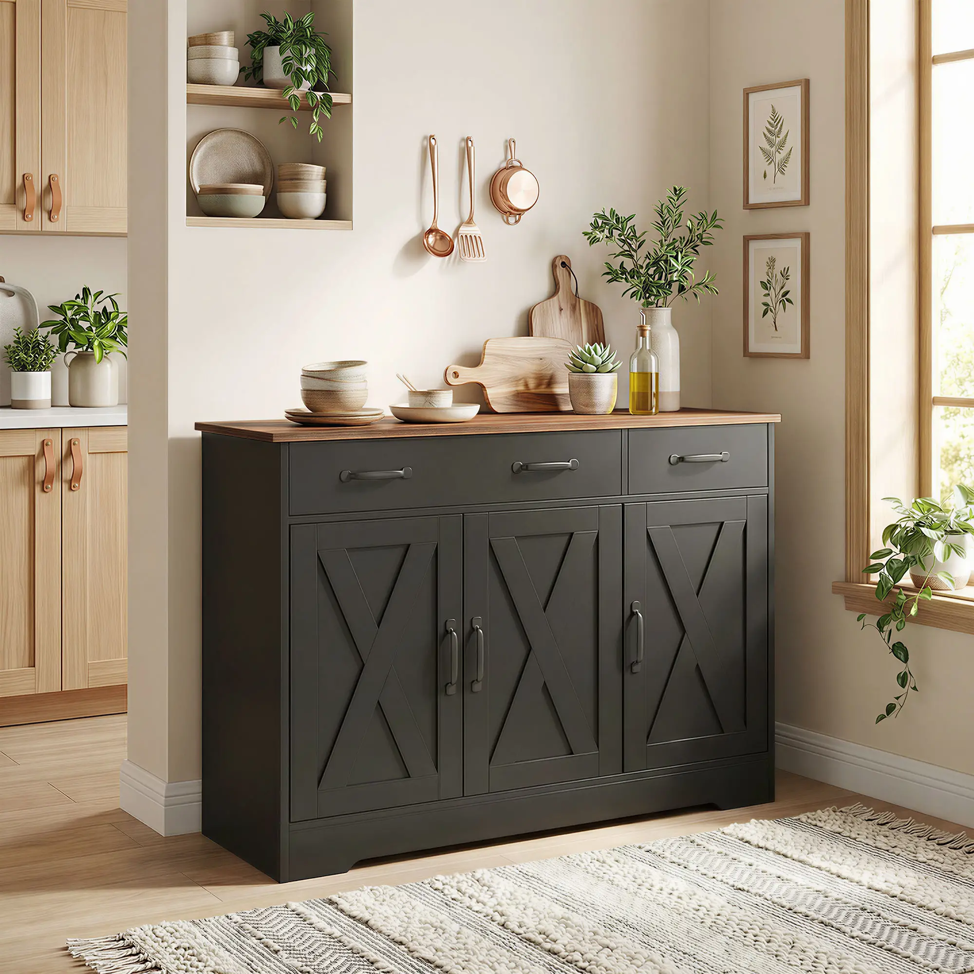 43" Sideboard Buffet Cabinet, 3 Barn Doors, 2 Drawers, Black - Image 8