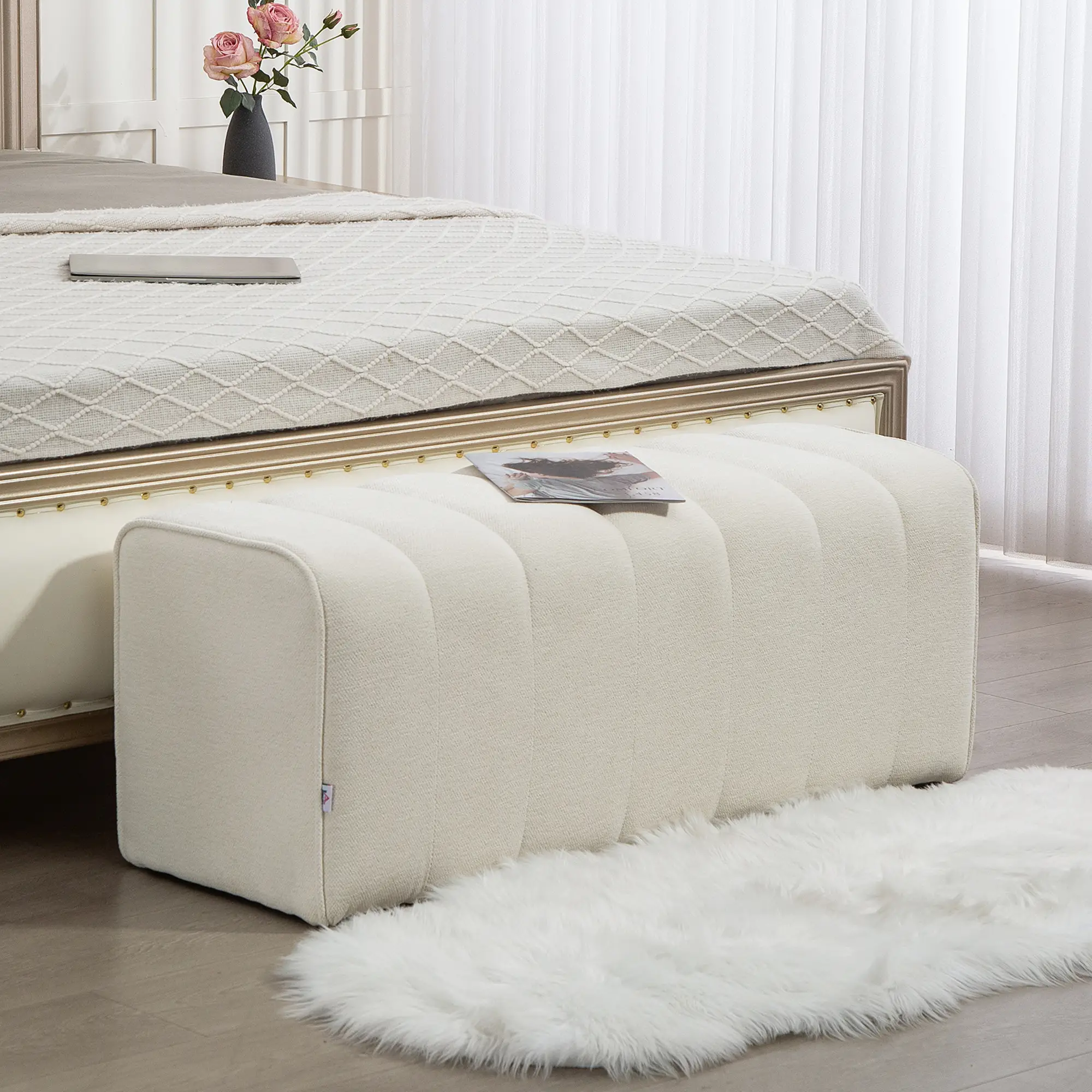 43" Upholstered Bed Bench, 485 lbs Capacity, Cream White - Image 2