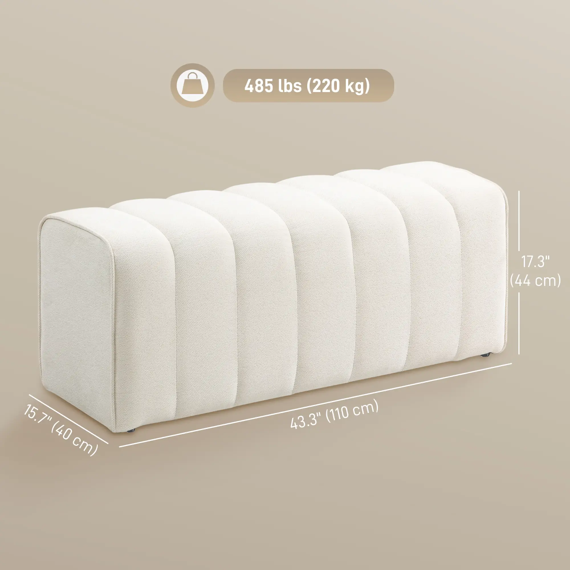 43" Upholstered Bed Bench, 485 lbs Capacity, Cream White - Image 3