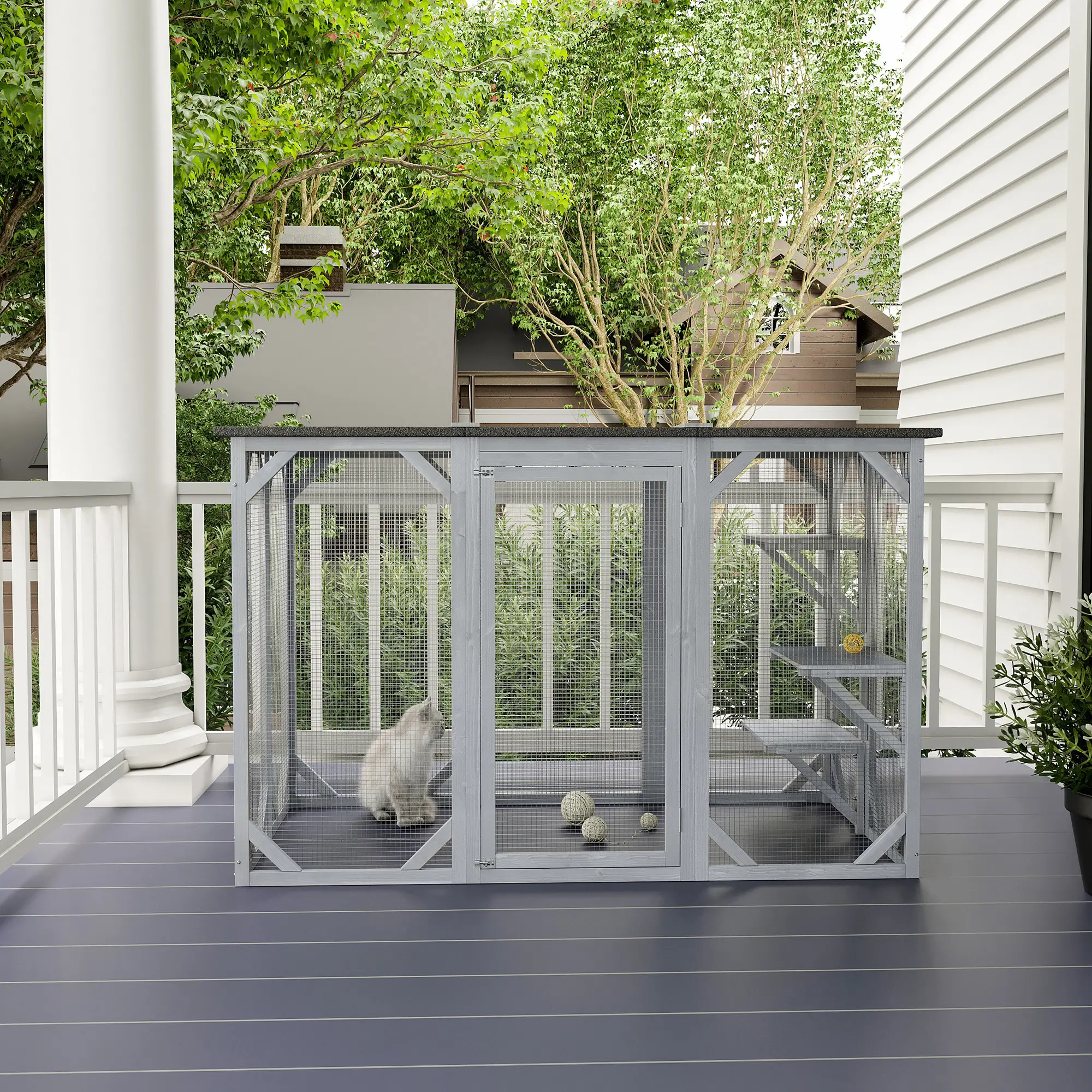 44.1" H Cat Cage, Indoor Outdoor Wooden Pet House, Small Animal Hutch, Grey - Image 2