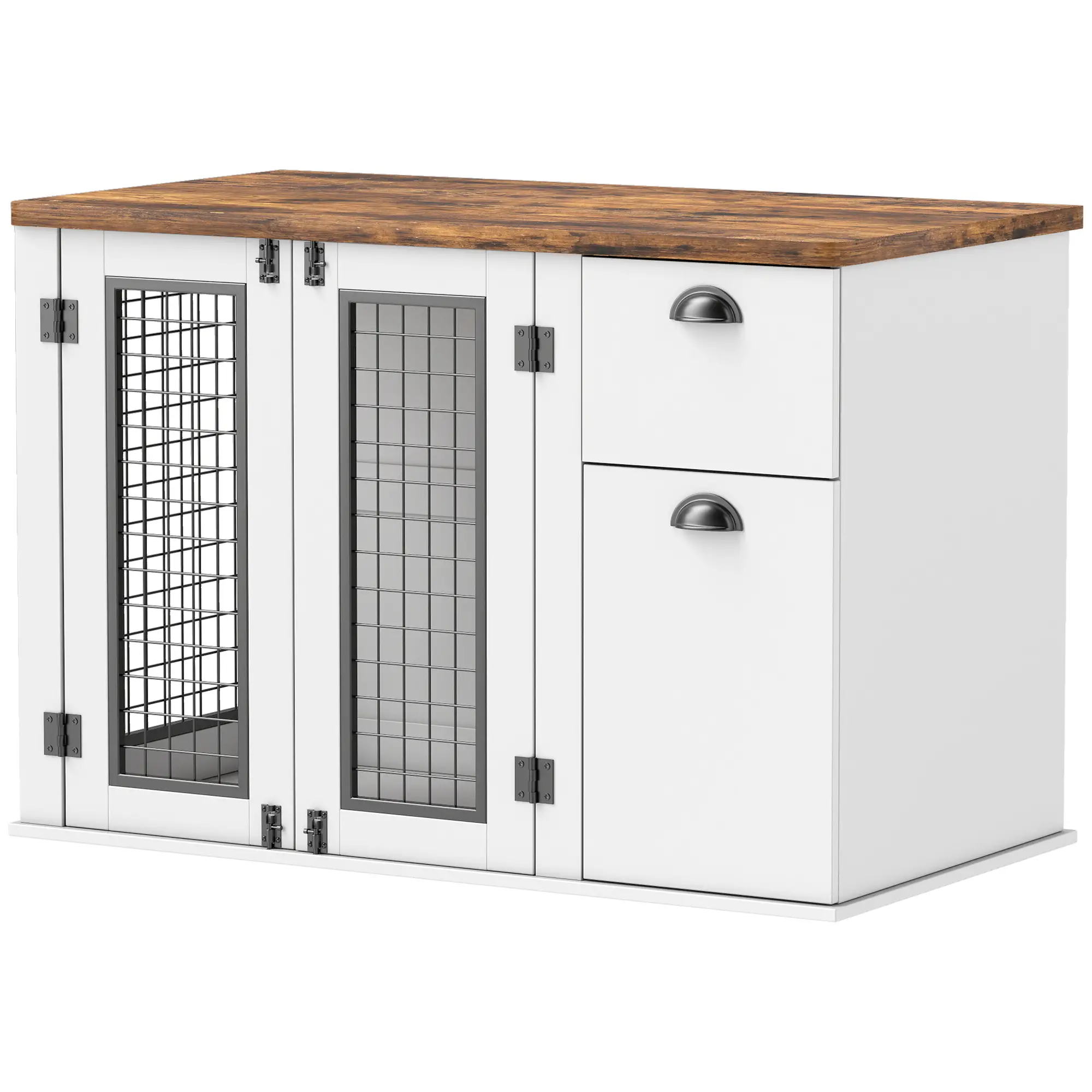 44 Dog Crate with Double Doors, Storage Drawer, White