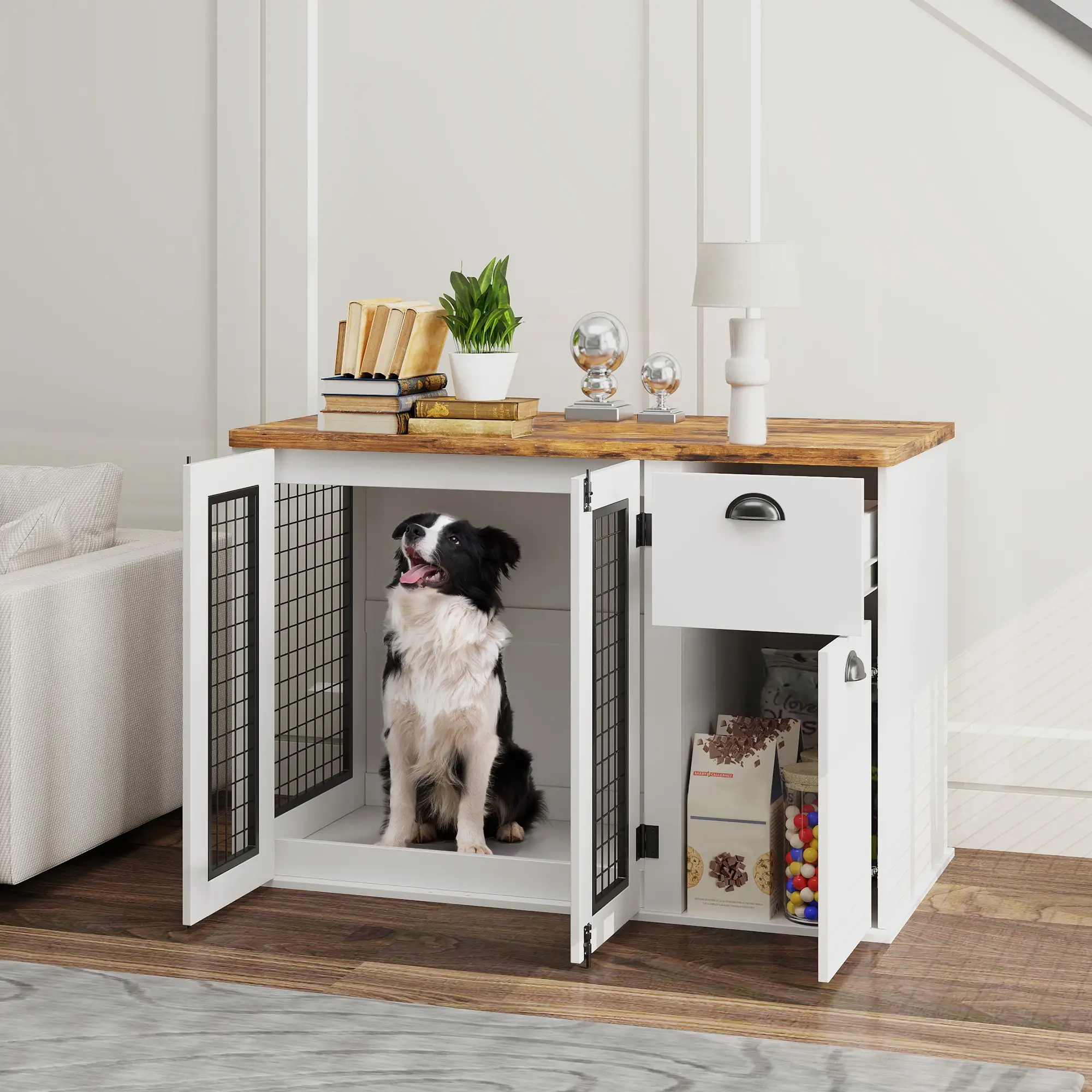 44 Dog Crate with Double Doors, Storage Drawer, White - Image 2