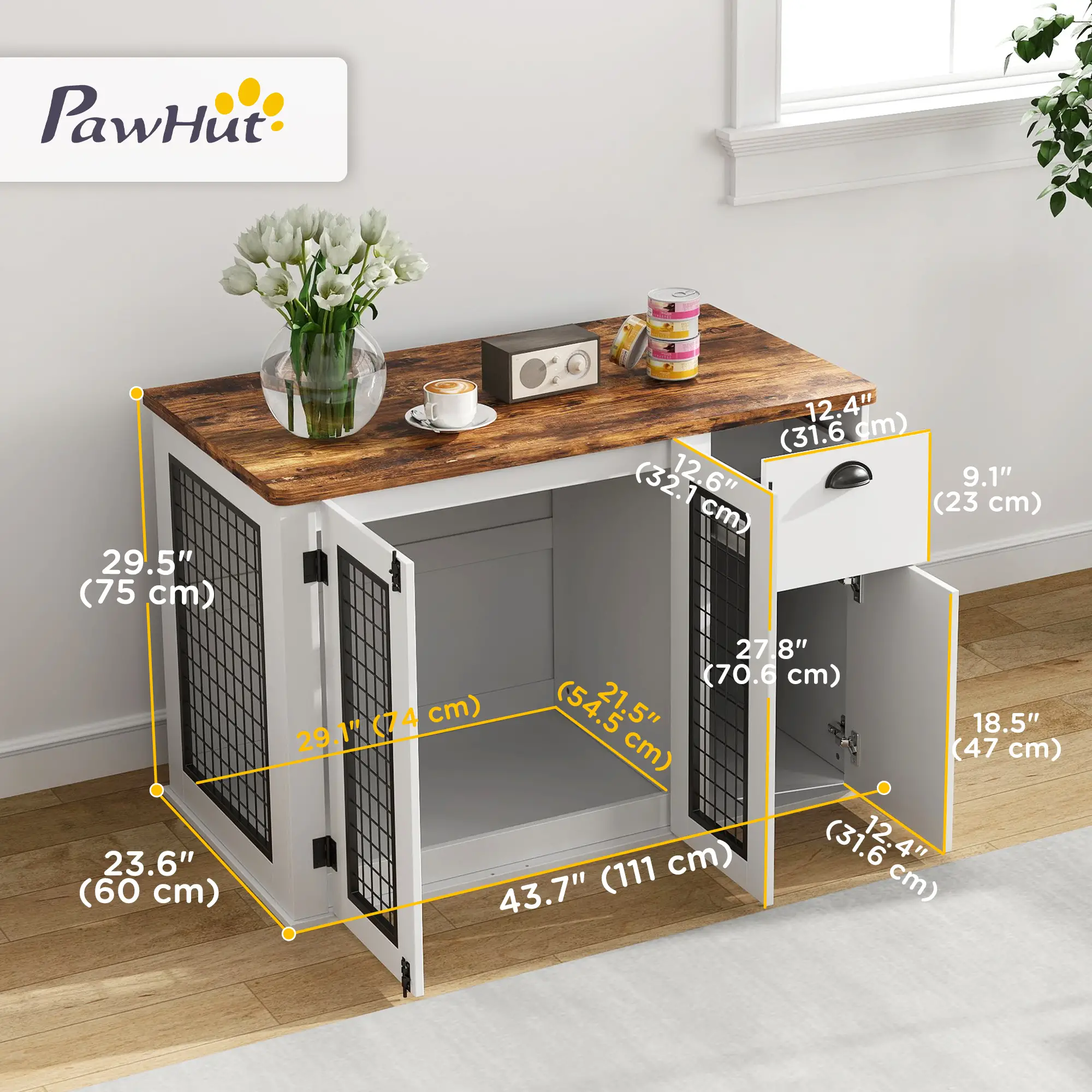 44 Dog Crate with Double Doors, Storage Drawer, White - Image 3