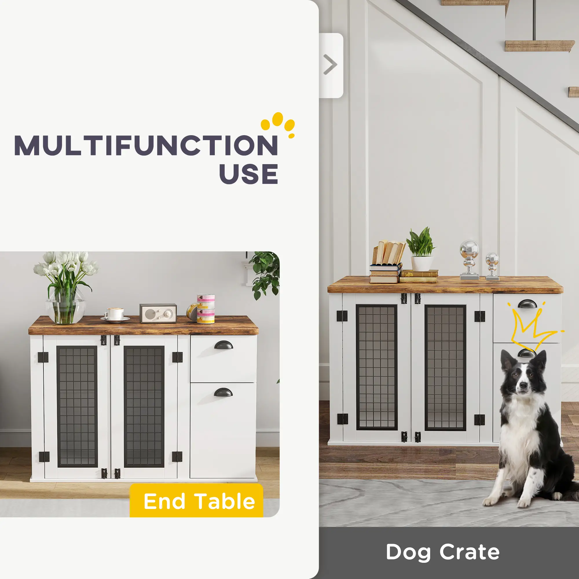 44 Dog Crate with Double Doors, Storage Drawer, White - Image 4