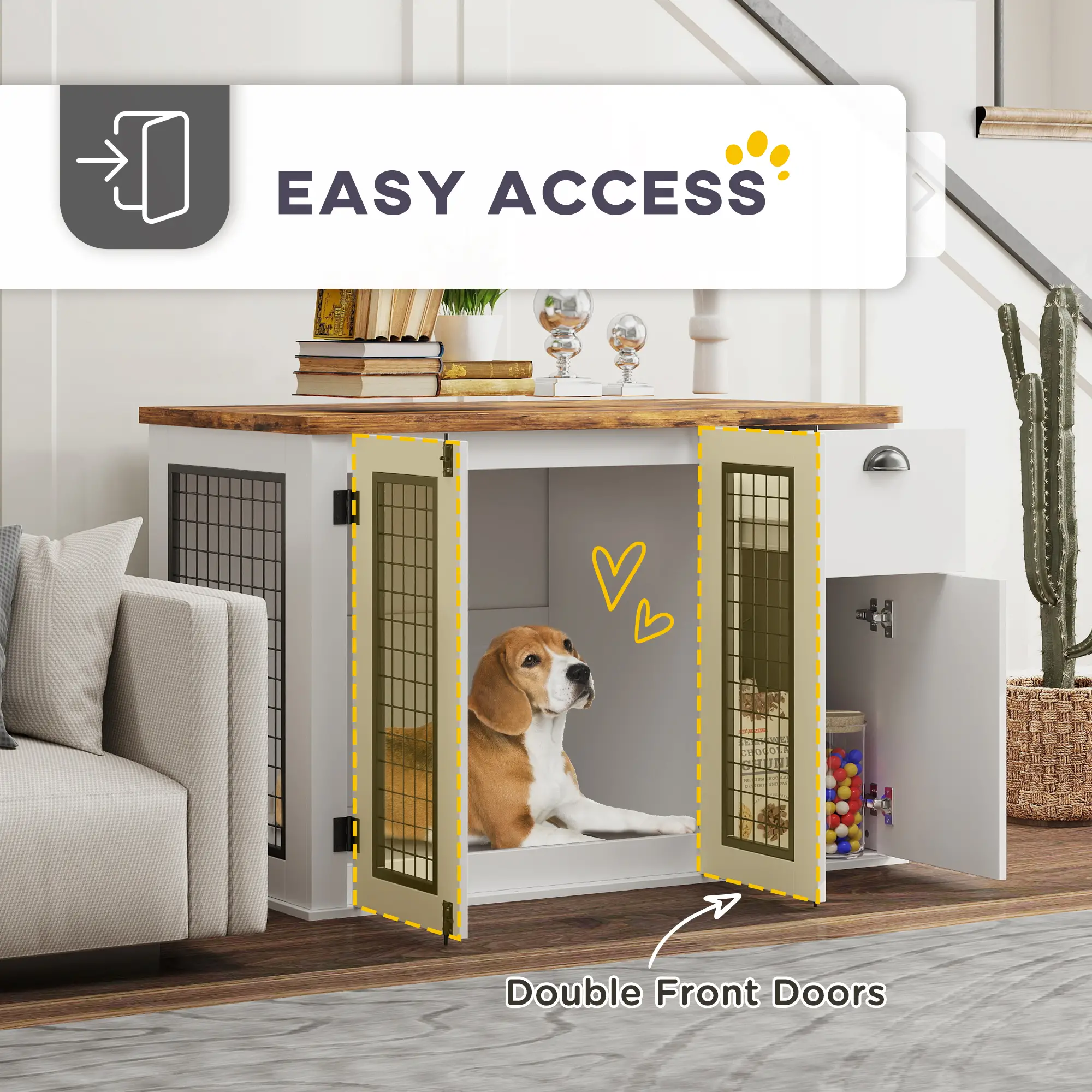 44 Dog Crate with Double Doors, Storage Drawer, White - Image 5