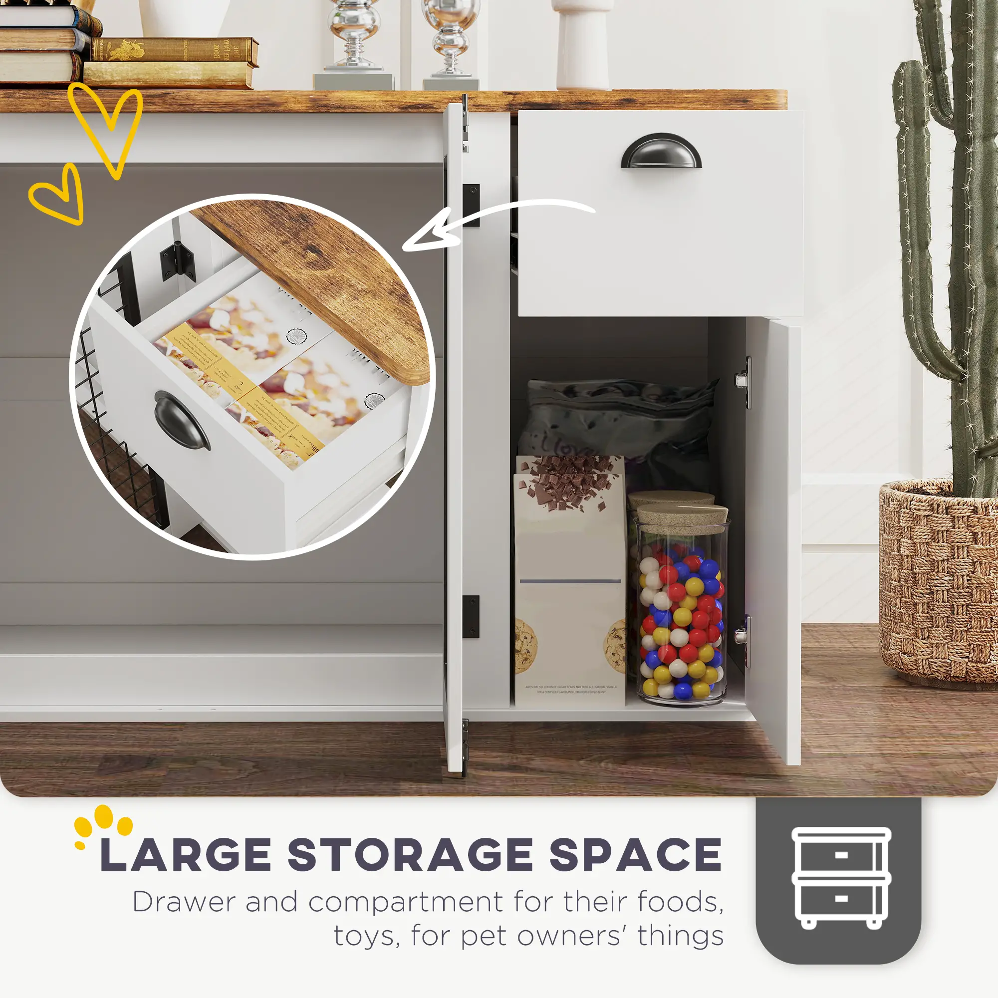 44 Dog Crate with Double Doors, Storage Drawer, White - Image 6