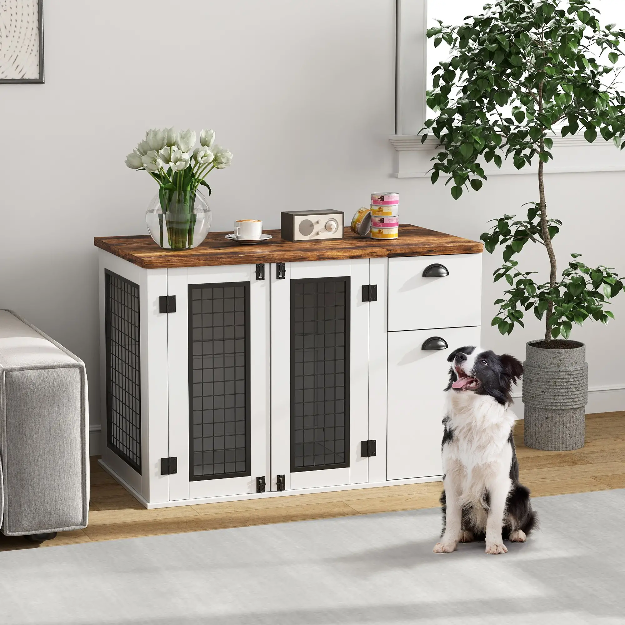 44 Dog Crate with Double Doors, Storage Drawer, White - Image 8
