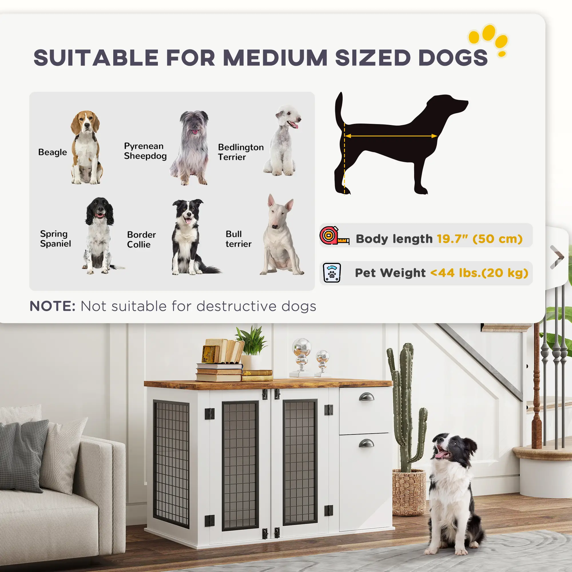 44 Dog Crate with Double Doors, Storage Drawer, White - Image 9