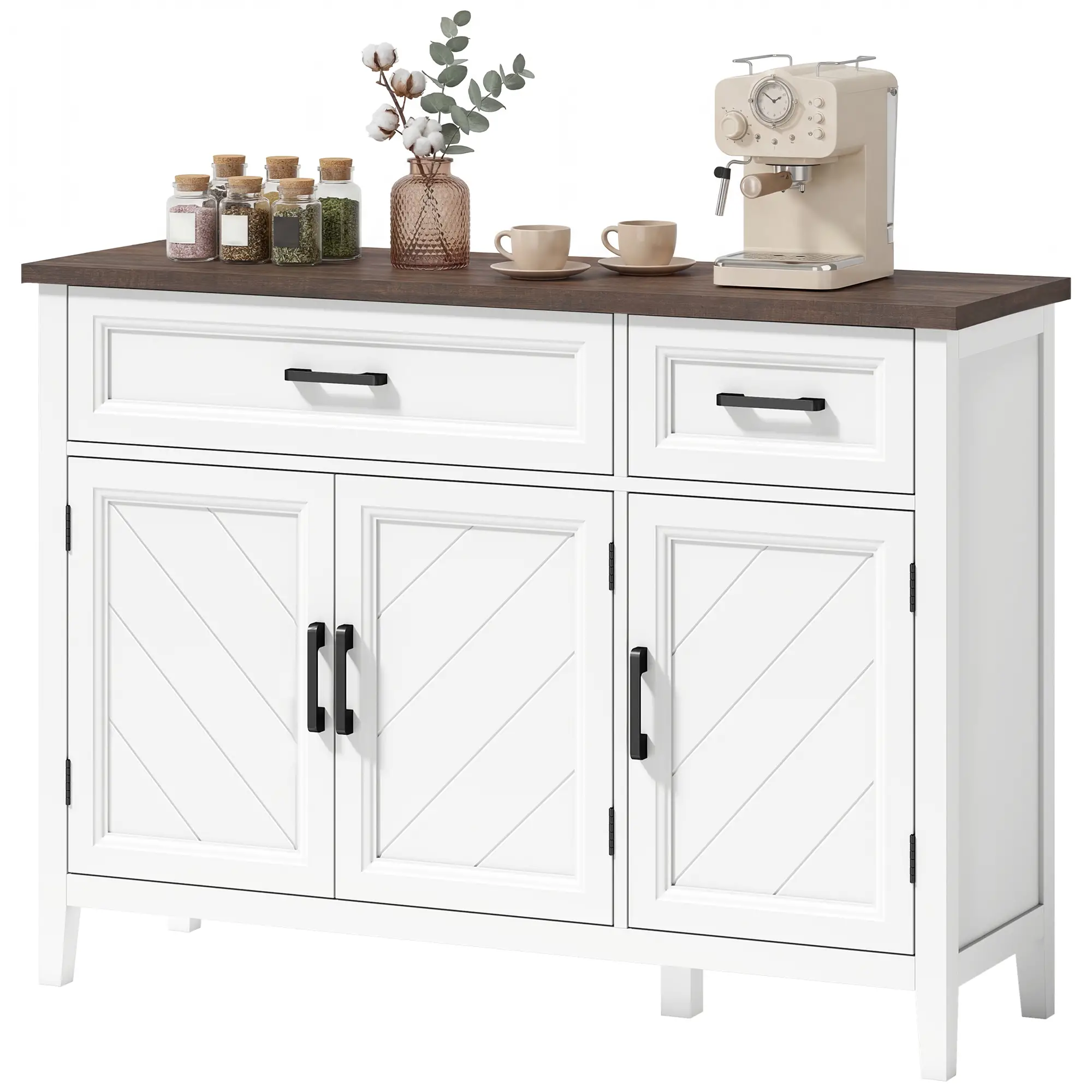 44" Farmhouse Sideboard Buffet Cabinet, 3 Chevron Doors, 2 Drawers, White