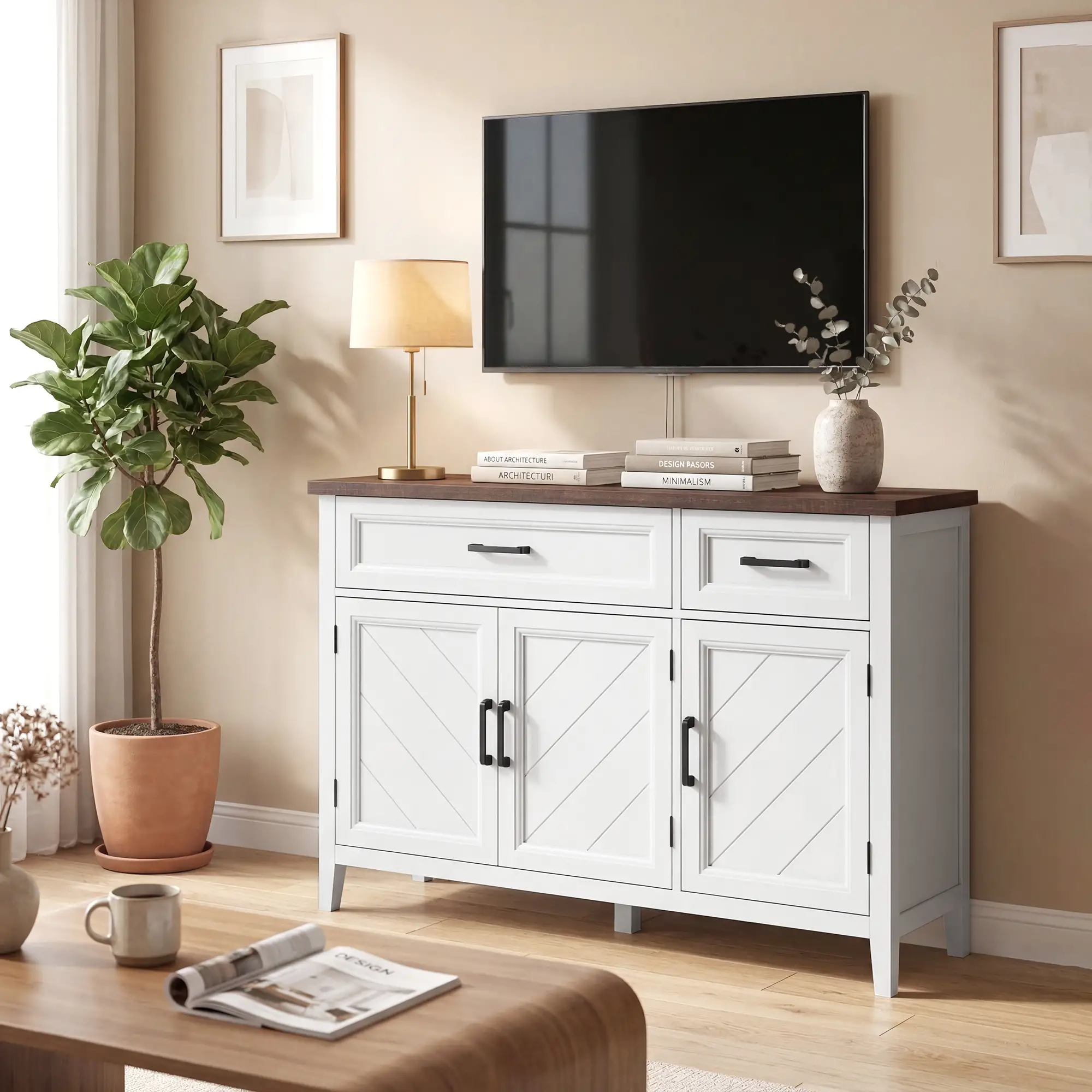 44" Farmhouse Sideboard Buffet Cabinet, 3 Chevron Doors, 2 Drawers, White - Image 10