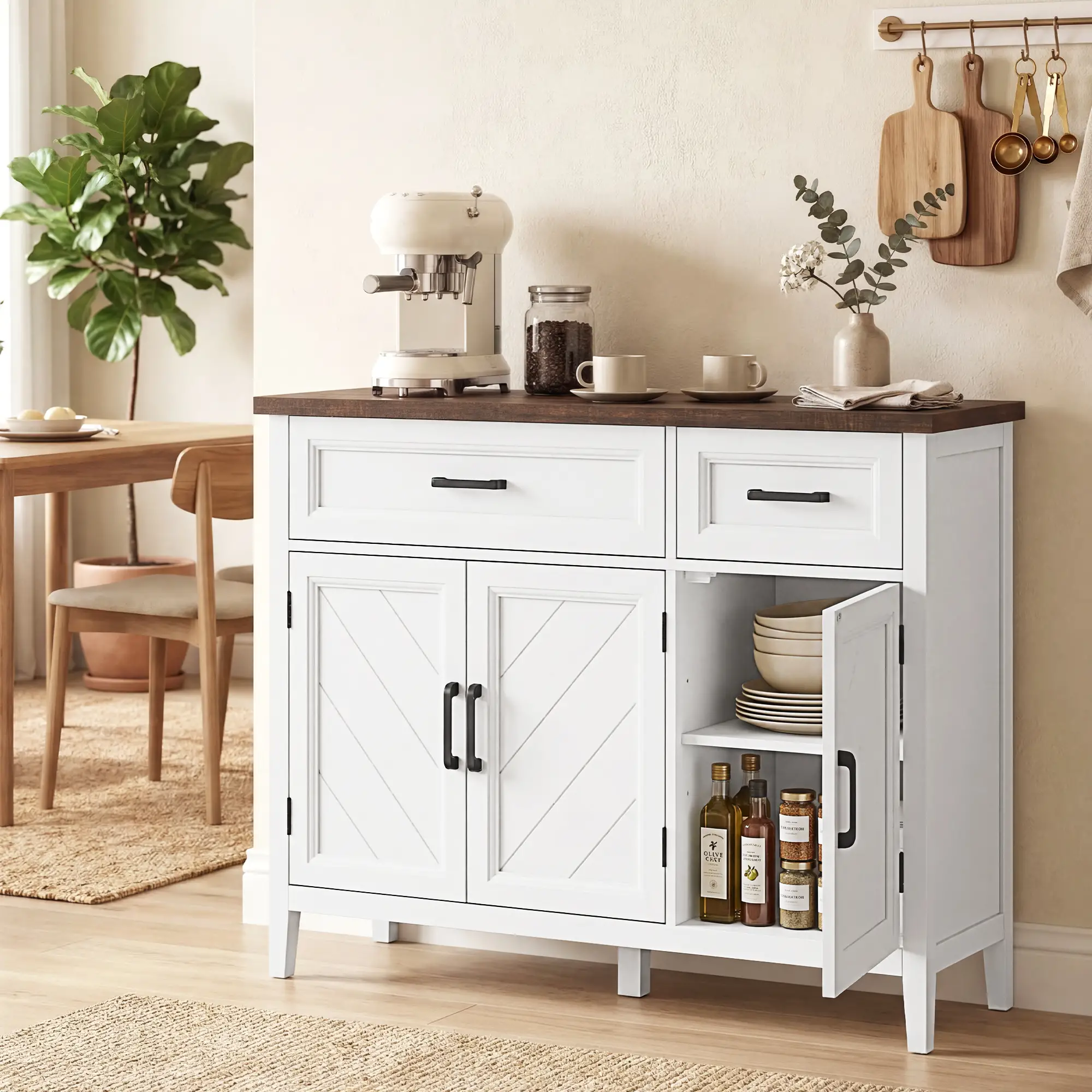 44" Farmhouse Sideboard Buffet Cabinet, 3 Chevron Doors, 2 Drawers, White - Image 2
