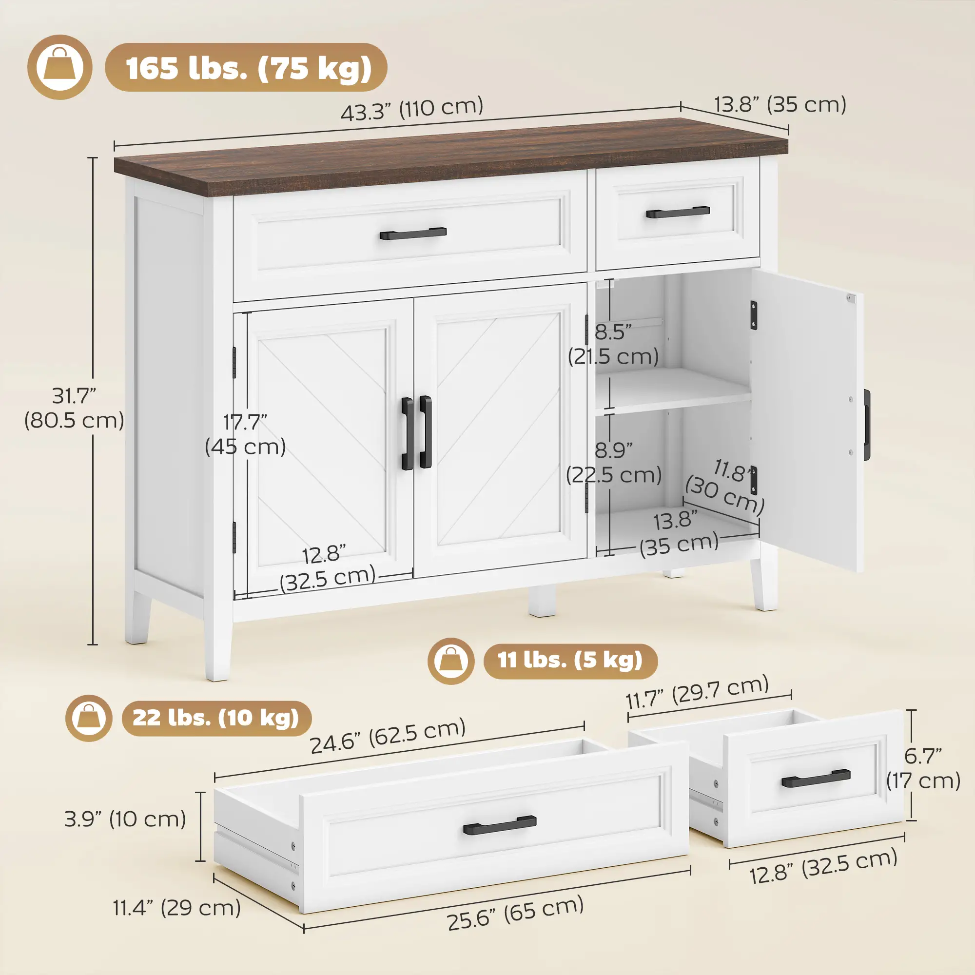 44" Farmhouse Sideboard Buffet Cabinet, 3 Chevron Doors, 2 Drawers, White - Image 3