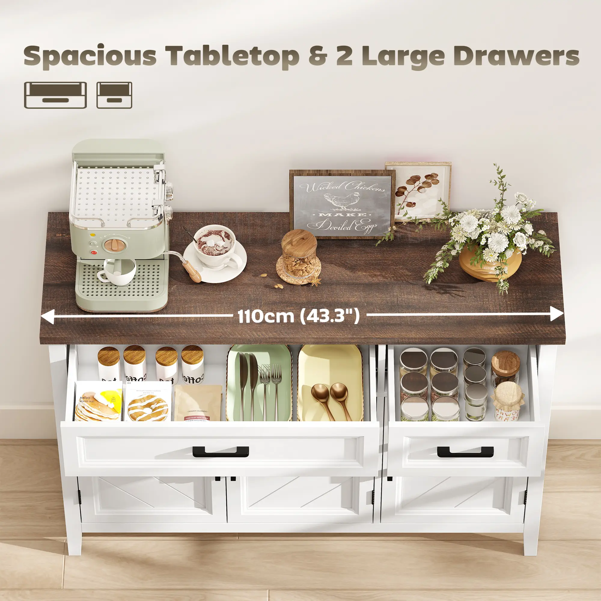 44" Farmhouse Sideboard Buffet Cabinet, 3 Chevron Doors, 2 Drawers, White - Image 5