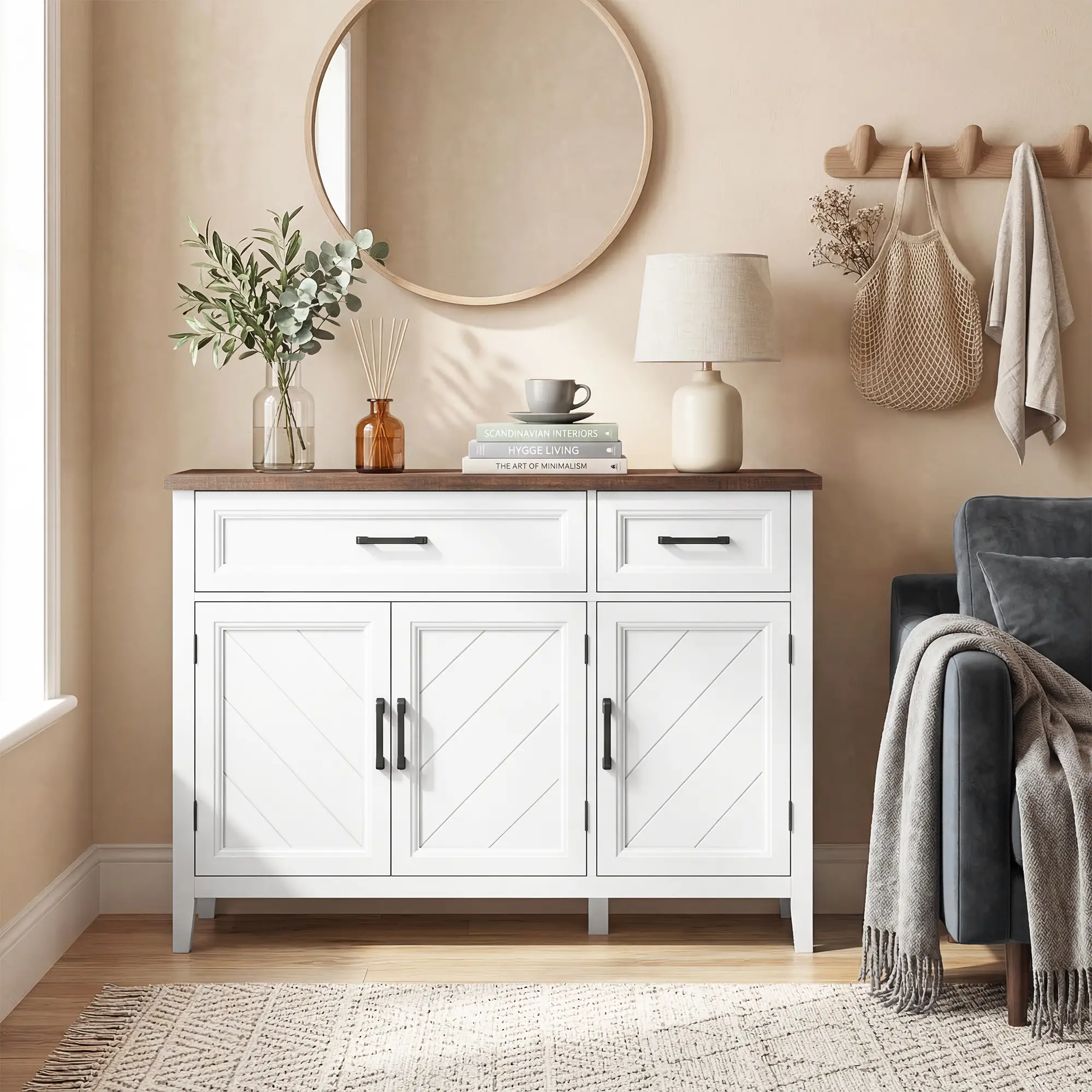 44" Farmhouse Sideboard Buffet Cabinet, 3 Chevron Doors, 2 Drawers, White - Image 8