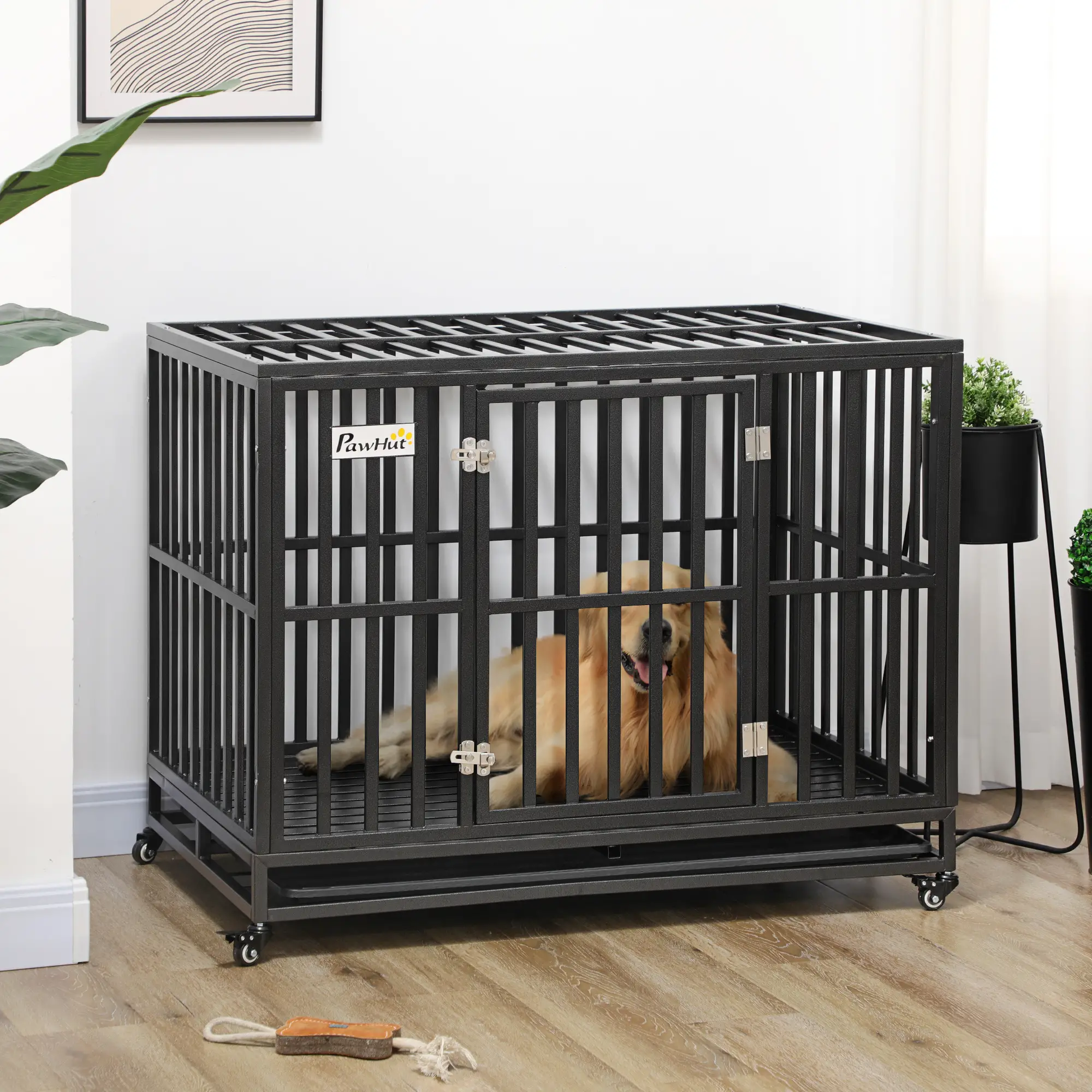 44 Heavy Duty Steel Dog Crate, Pet Cage with Wheels, Black - Image 2