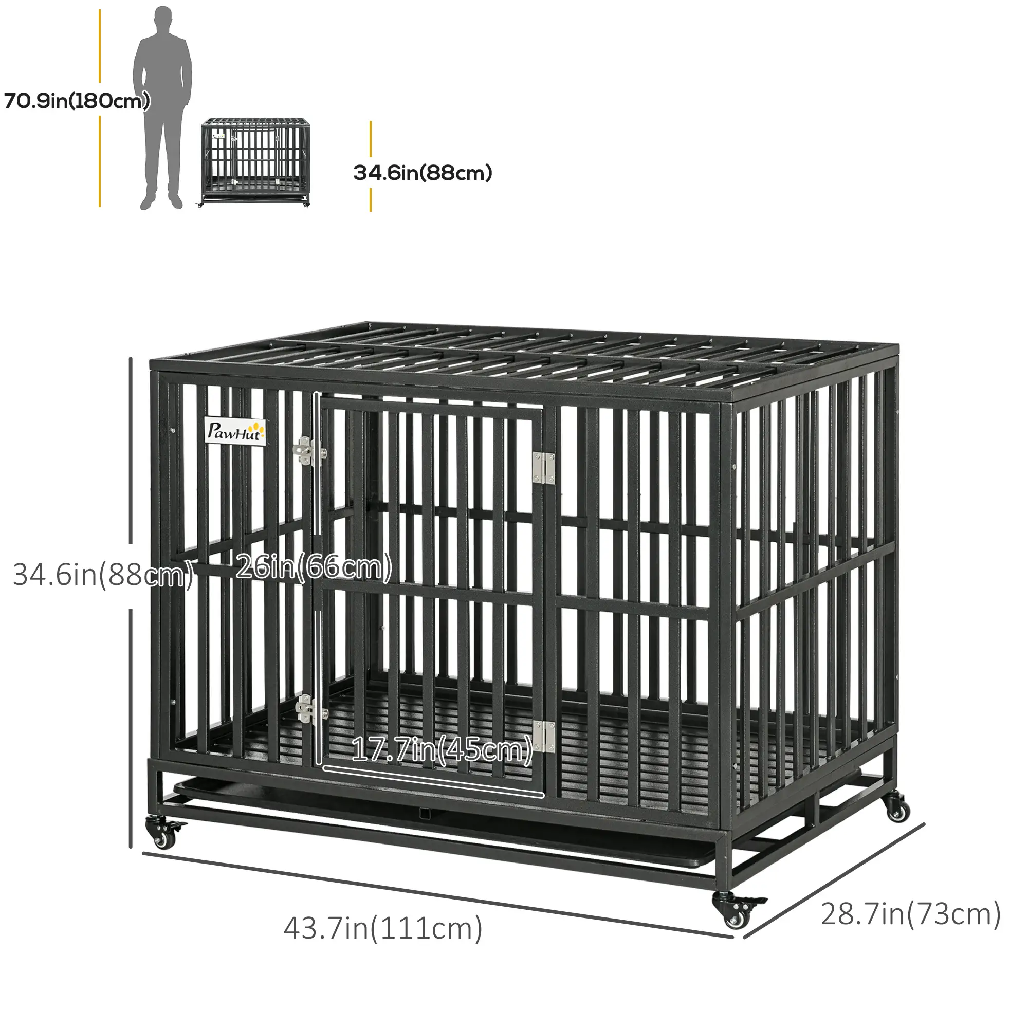 44 Heavy Duty Steel Dog Crate, Pet Cage with Wheels, Black - Image 3