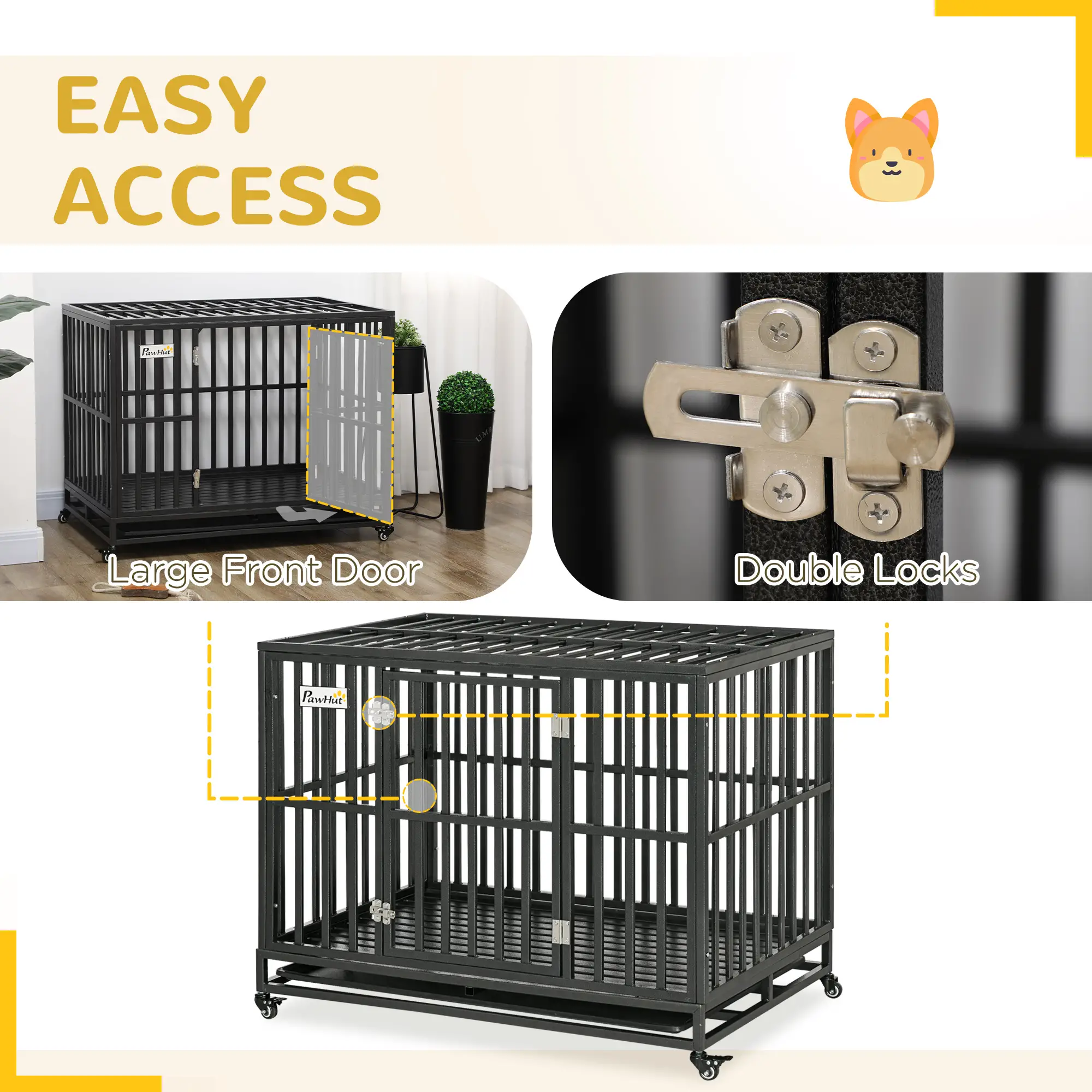 44 Heavy Duty Steel Dog Crate, Pet Cage with Wheels, Black - Image 6
