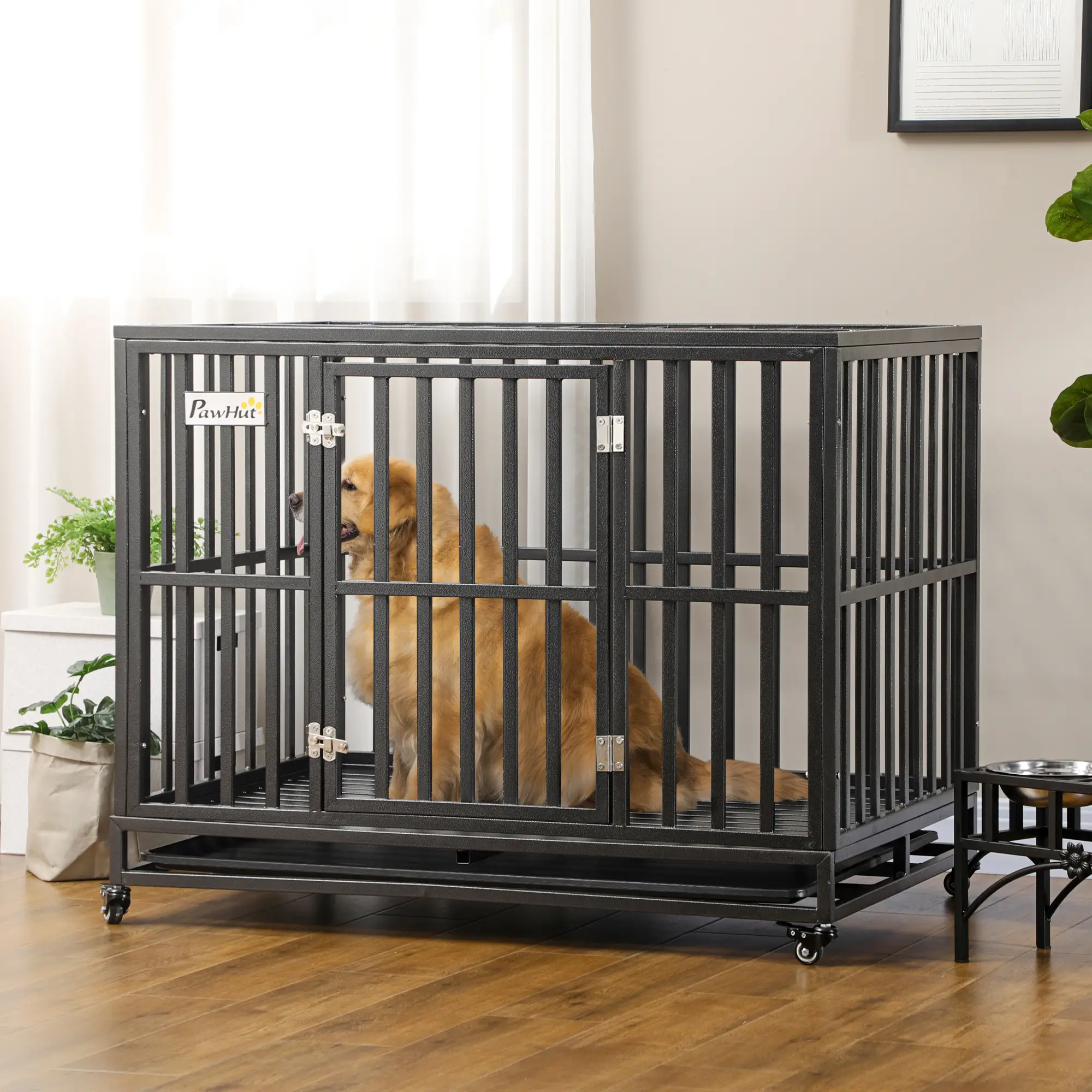 44 Heavy Duty Steel Dog Crate, Pet Cage with Wheels, Black - Image 8