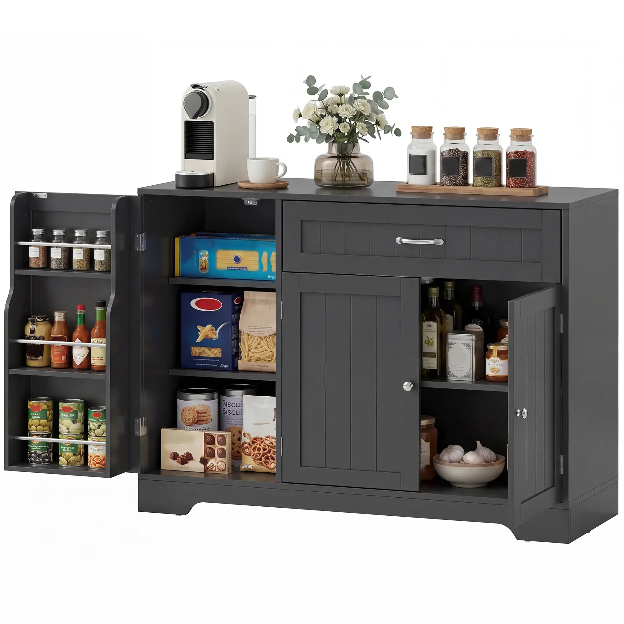 44" Modern Kitchen Cabinet with Drawer, Adjustable Shelves, Black
