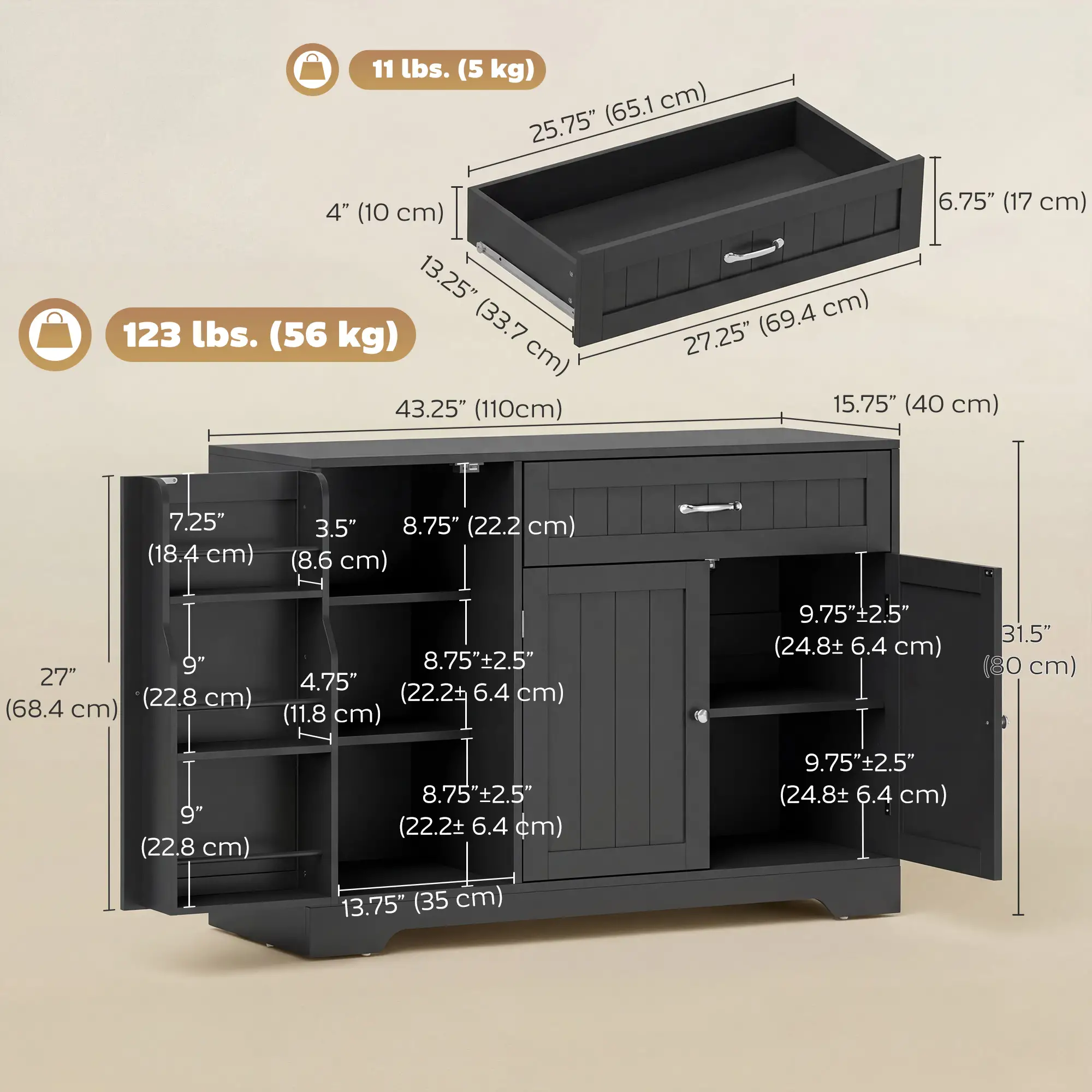 44" Modern Kitchen Cabinet with Drawer, Adjustable Shelves, Black - Image 3