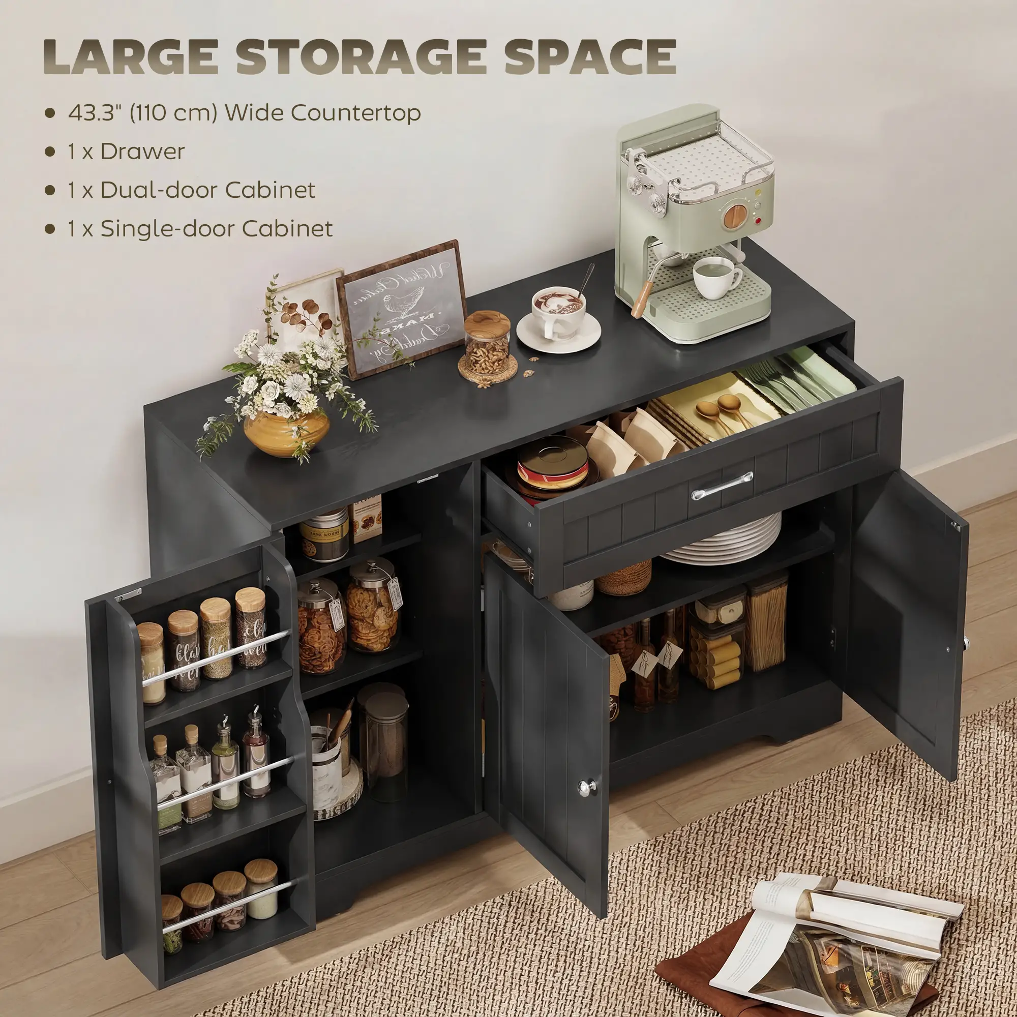 44" Modern Kitchen Cabinet with Drawer, Adjustable Shelves, Black - Image 4