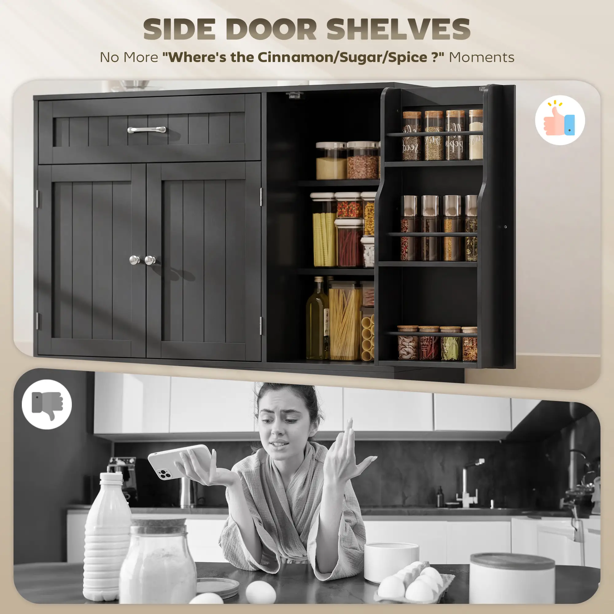 44" Modern Kitchen Cabinet with Drawer, Adjustable Shelves, Black - Image 5