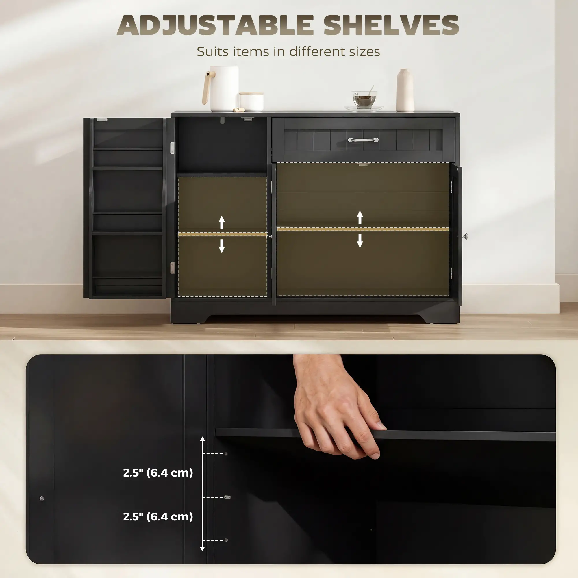 44" Modern Kitchen Cabinet with Drawer, Adjustable Shelves, Black - Image 6