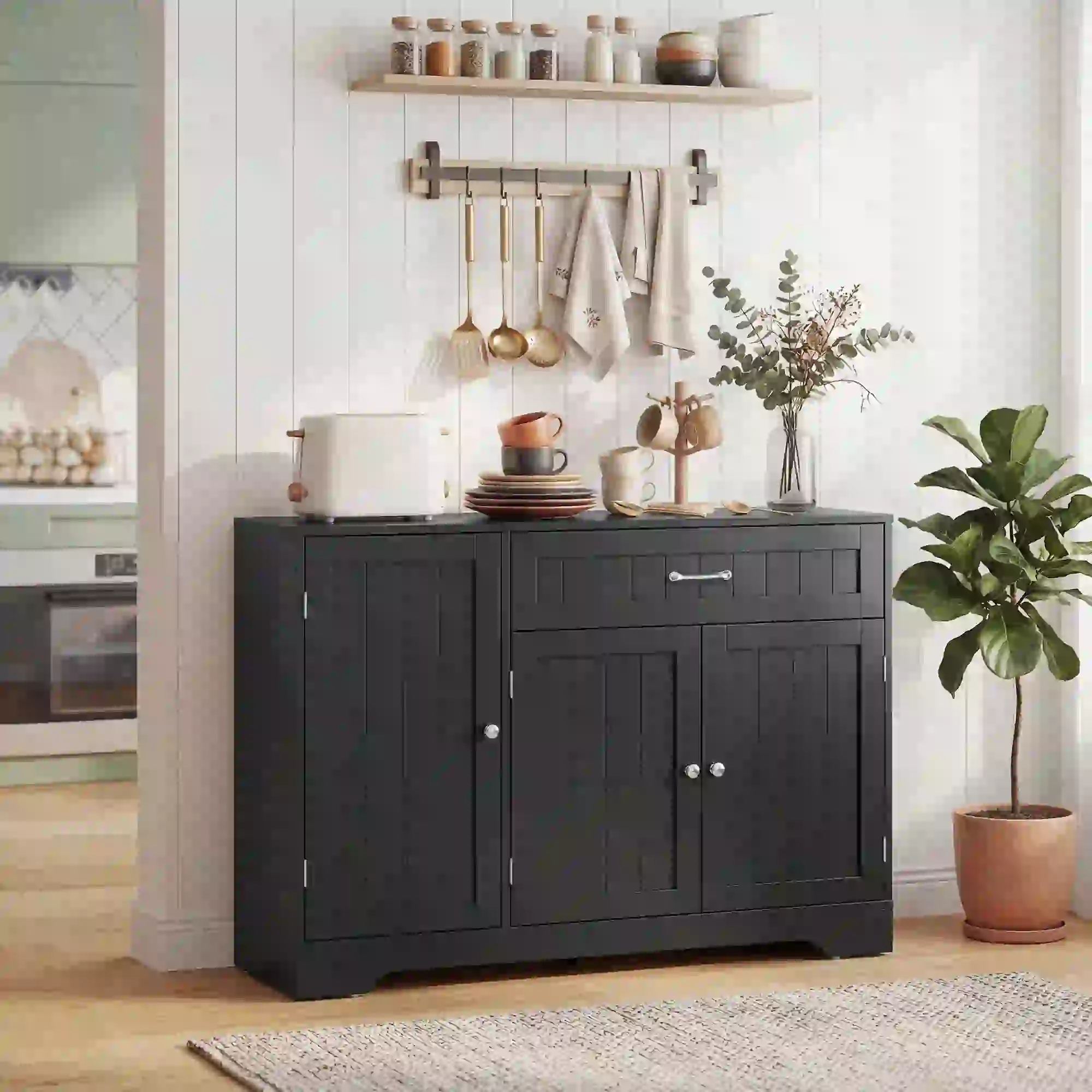 44" Modern Kitchen Cabinet with Drawer, Adjustable Shelves, Black - Image 8