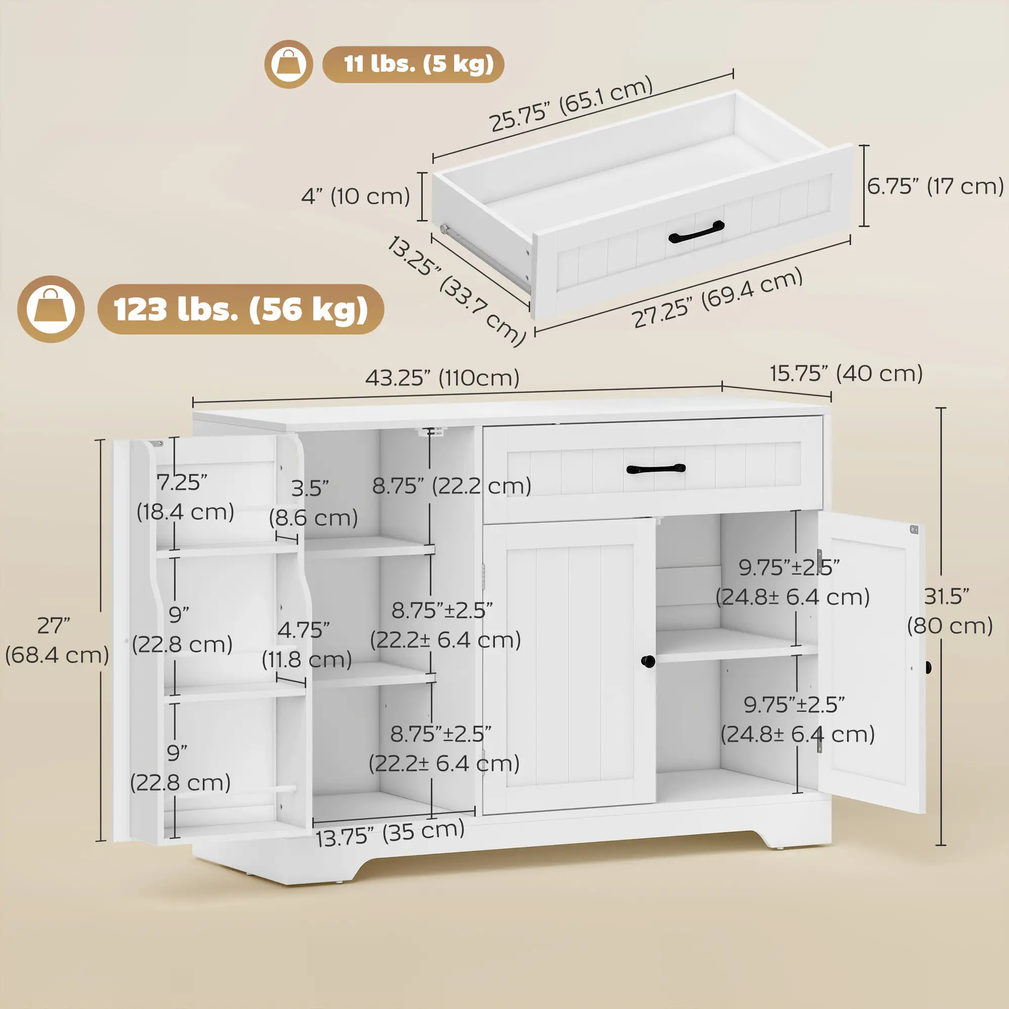 44" Modern Kitchen Cabinet With Drawer, White - Image 3