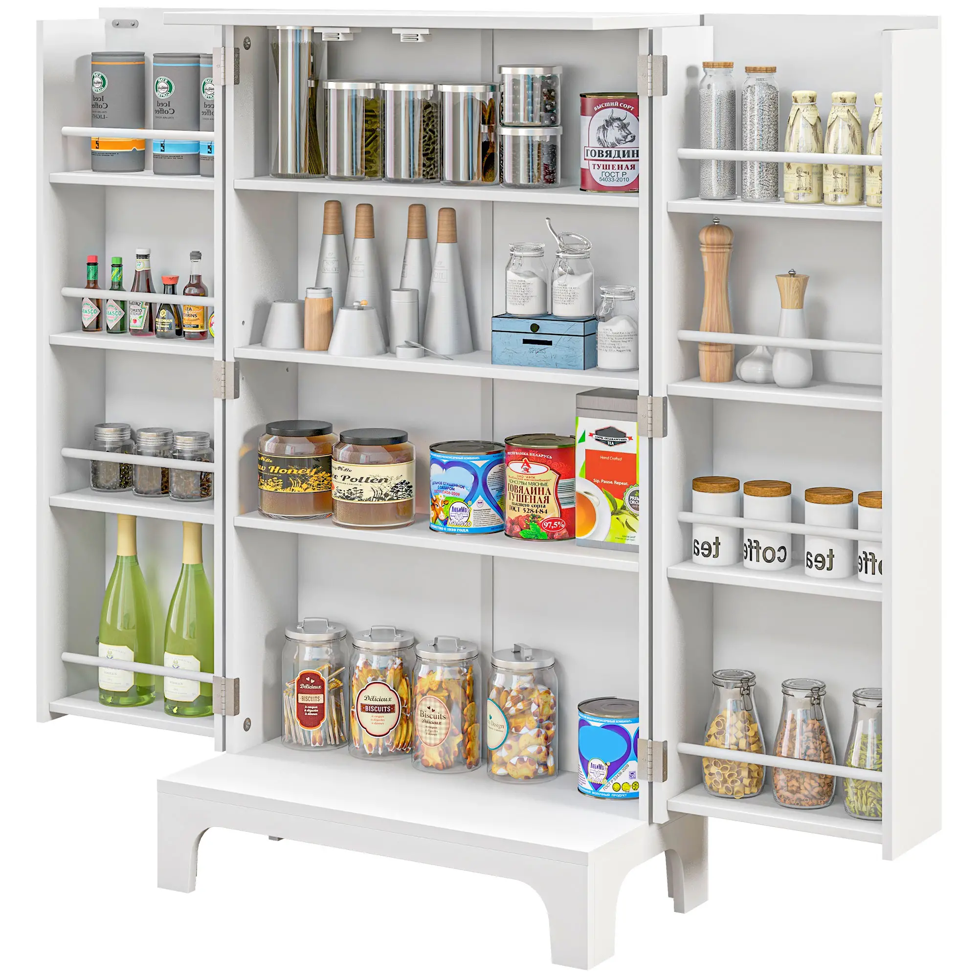 44" Storage Cabinet, 2-Door Kitchen Pantry, 4-Tier Shelving, 8 Spice Racks
