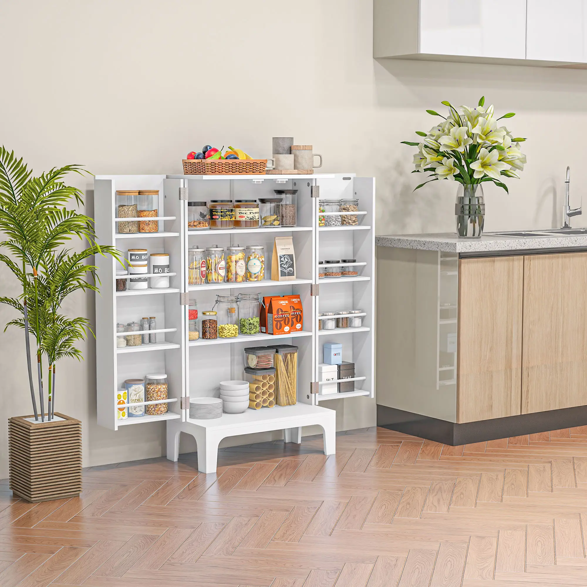 44" Storage Cabinet, 2-Door Kitchen Pantry, 4-Tier Shelving, 8 Spice Racks - Image 2