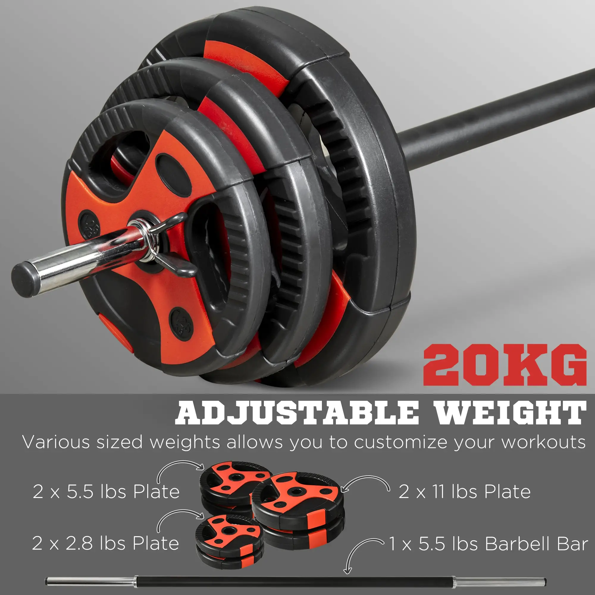 44lbs Adjustable Barbell Weight Set, Free Body Pump Bar, Black and Red - Image 4