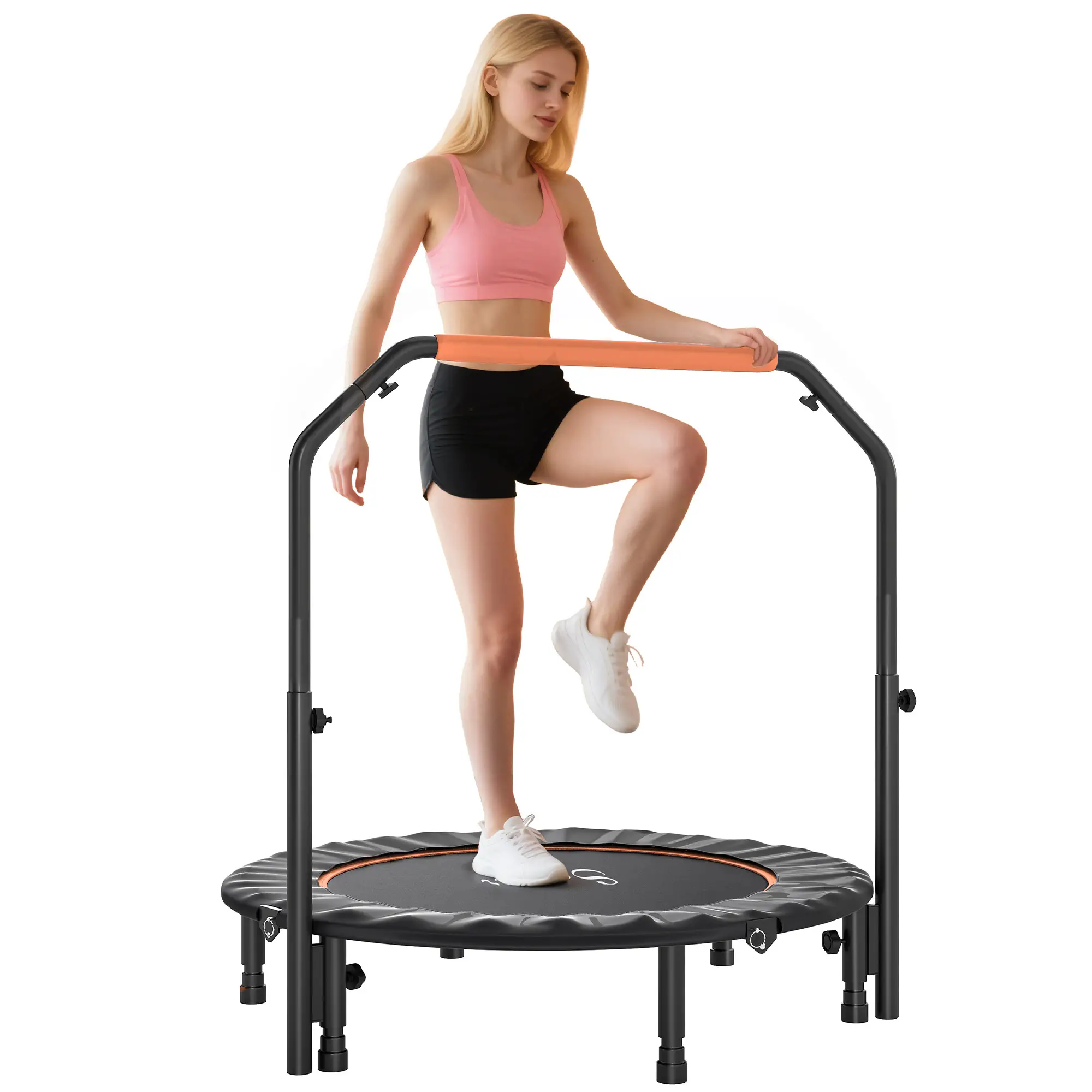 45" Foldable Mini Fitness Trampoline, Adjustable Foam Handle, Orange - Image 11