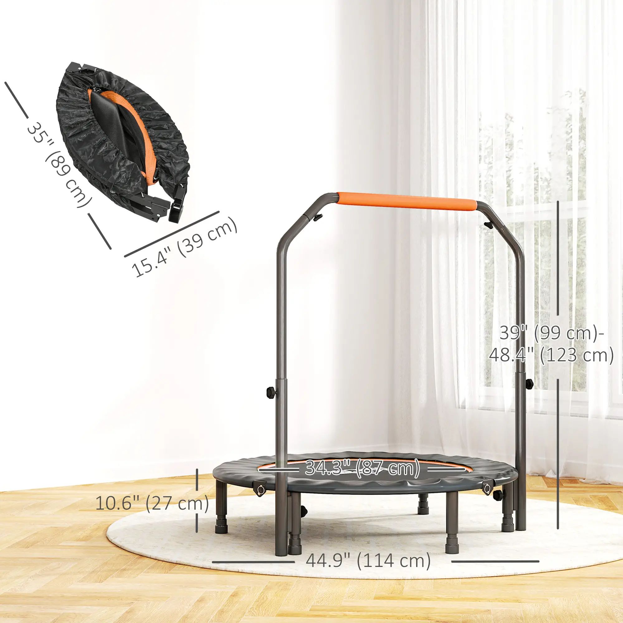 45" Foldable Mini Fitness Trampoline, Adjustable Foam Handle, Orange - Image 3