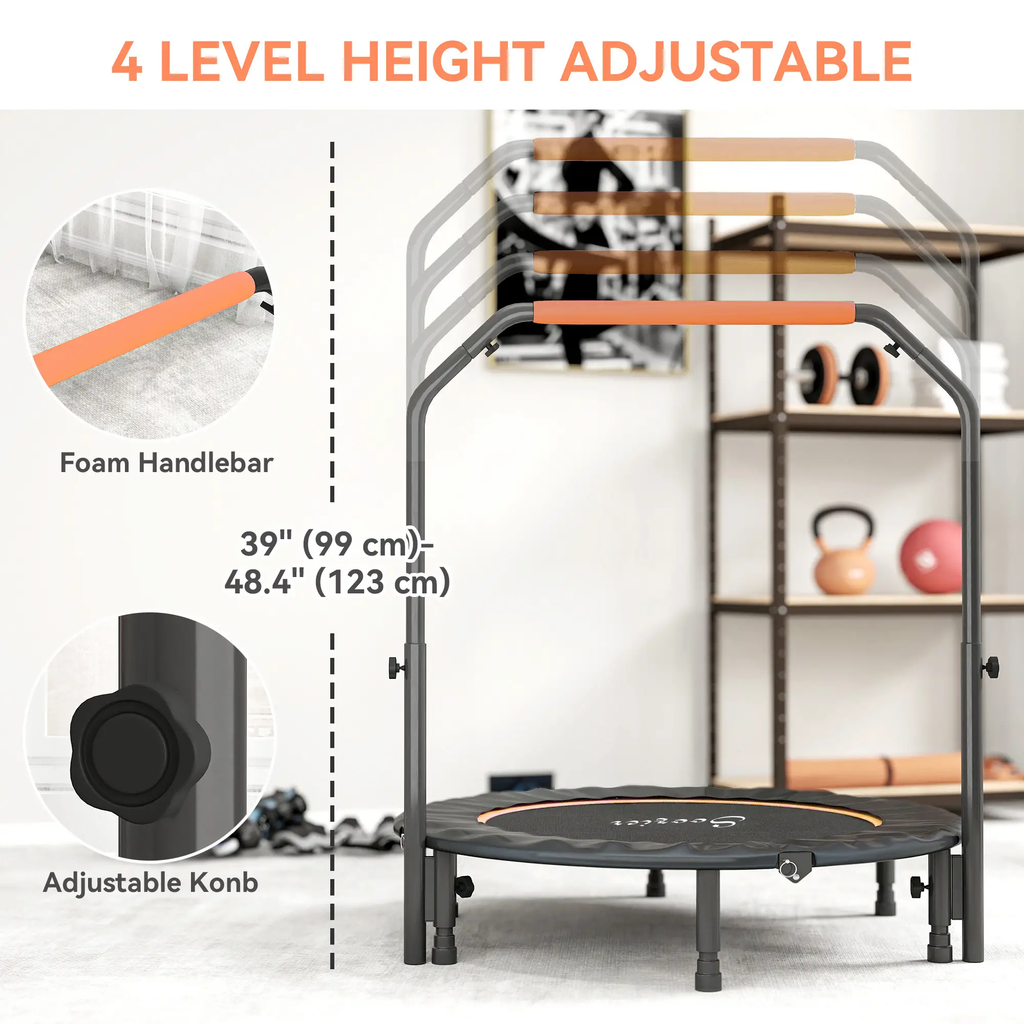 45" Foldable Mini Fitness Trampoline, Adjustable Foam Handle, Orange - Image 4