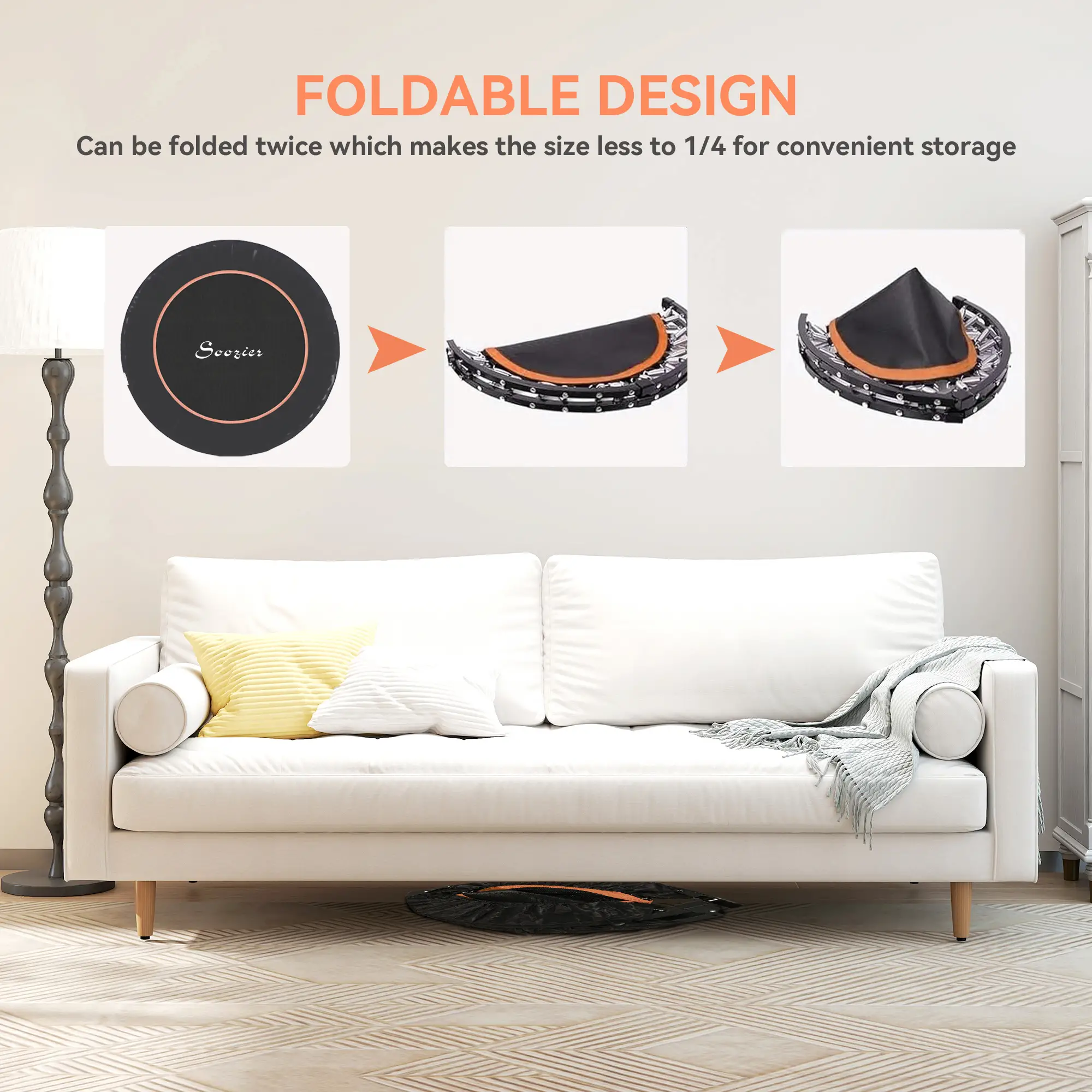 45" Foldable Mini Fitness Trampoline, Adjustable Foam Handle, Orange - Image 5