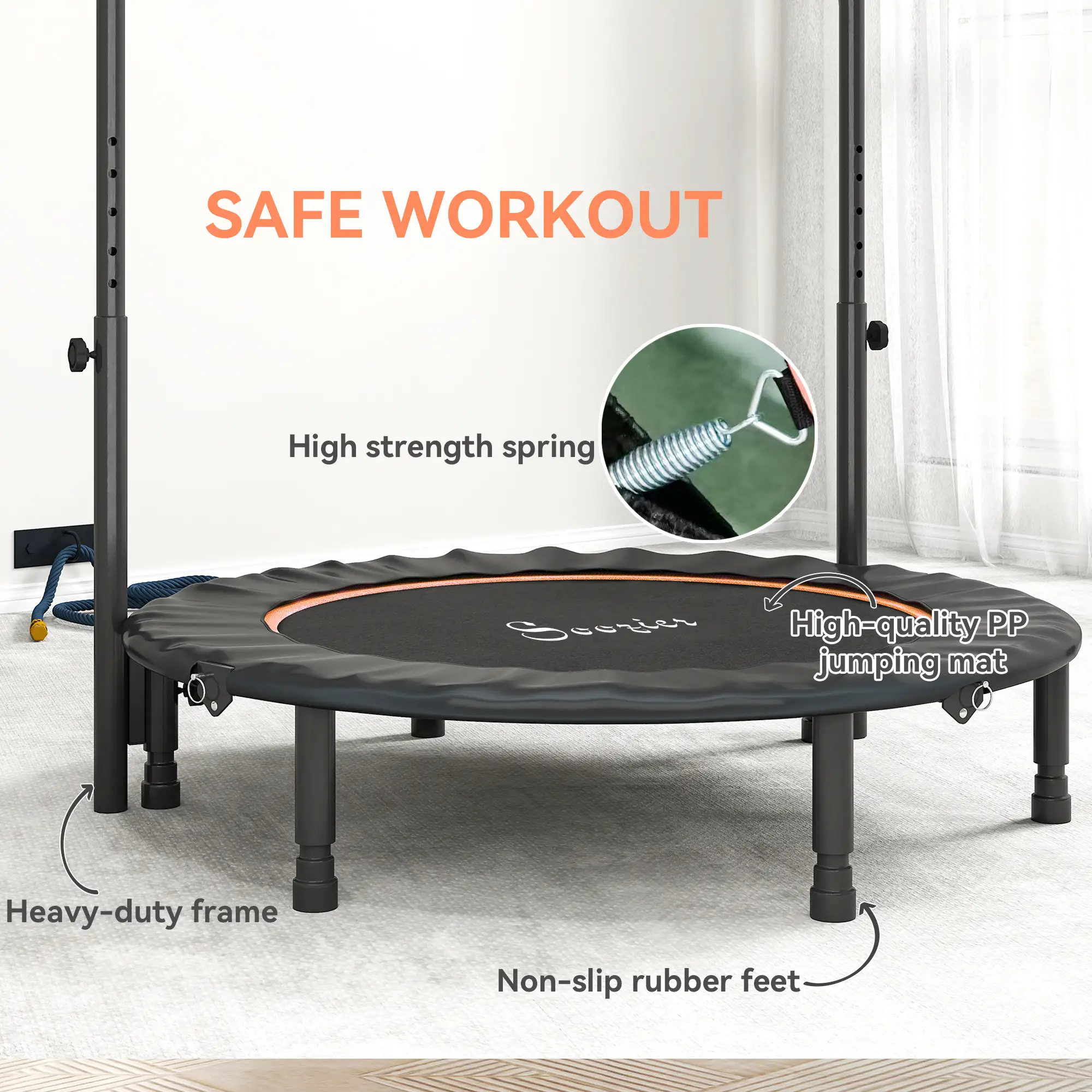 45" Foldable Mini Fitness Trampoline, Adjustable Foam Handle, Orange - Image 6