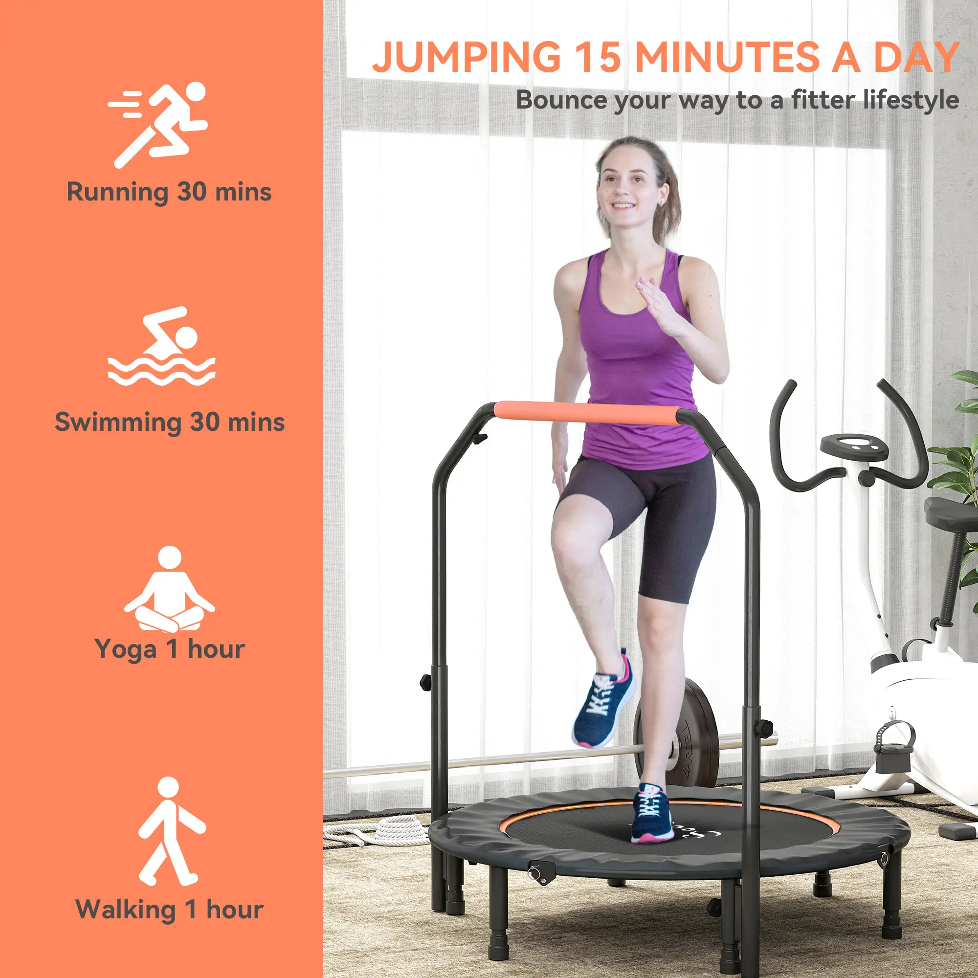 45" Foldable Mini Fitness Trampoline, Adjustable Foam Handle, Orange - Image 7