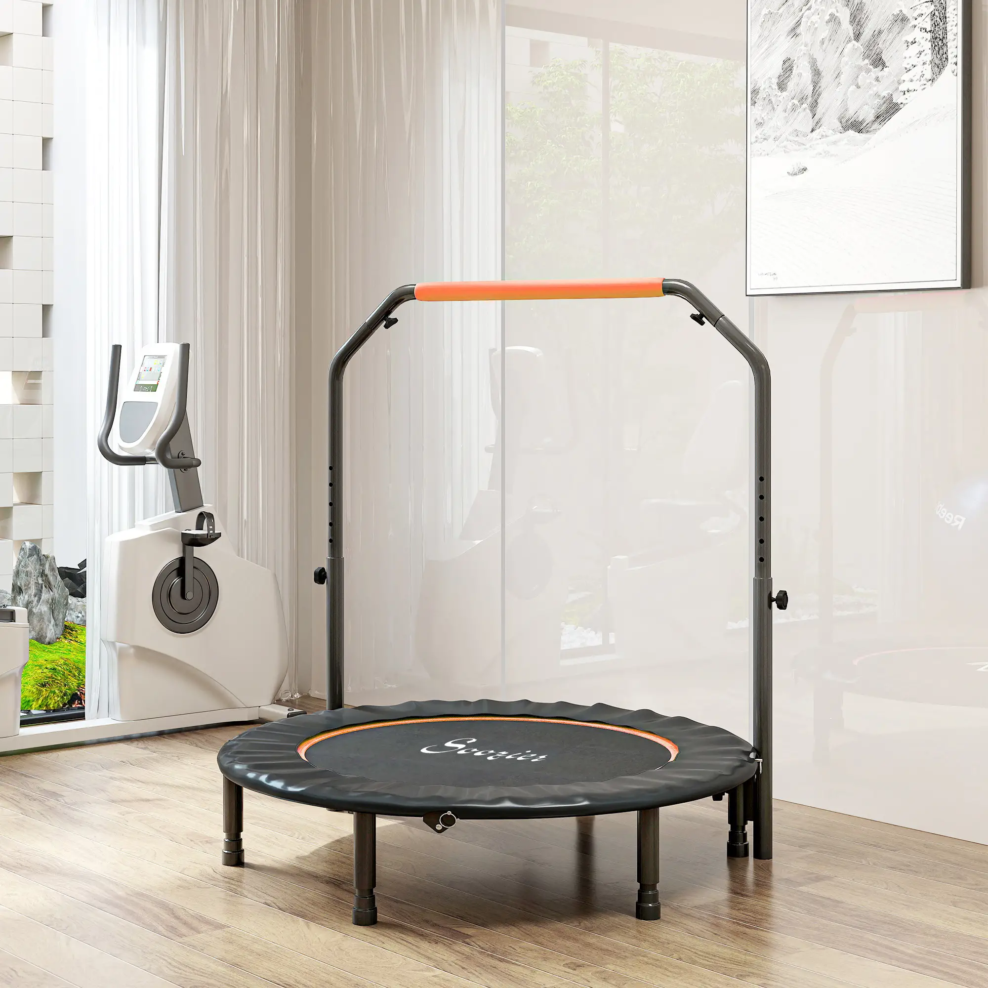 45" Foldable Mini Fitness Trampoline, Adjustable Foam Handle, Orange - Image 9