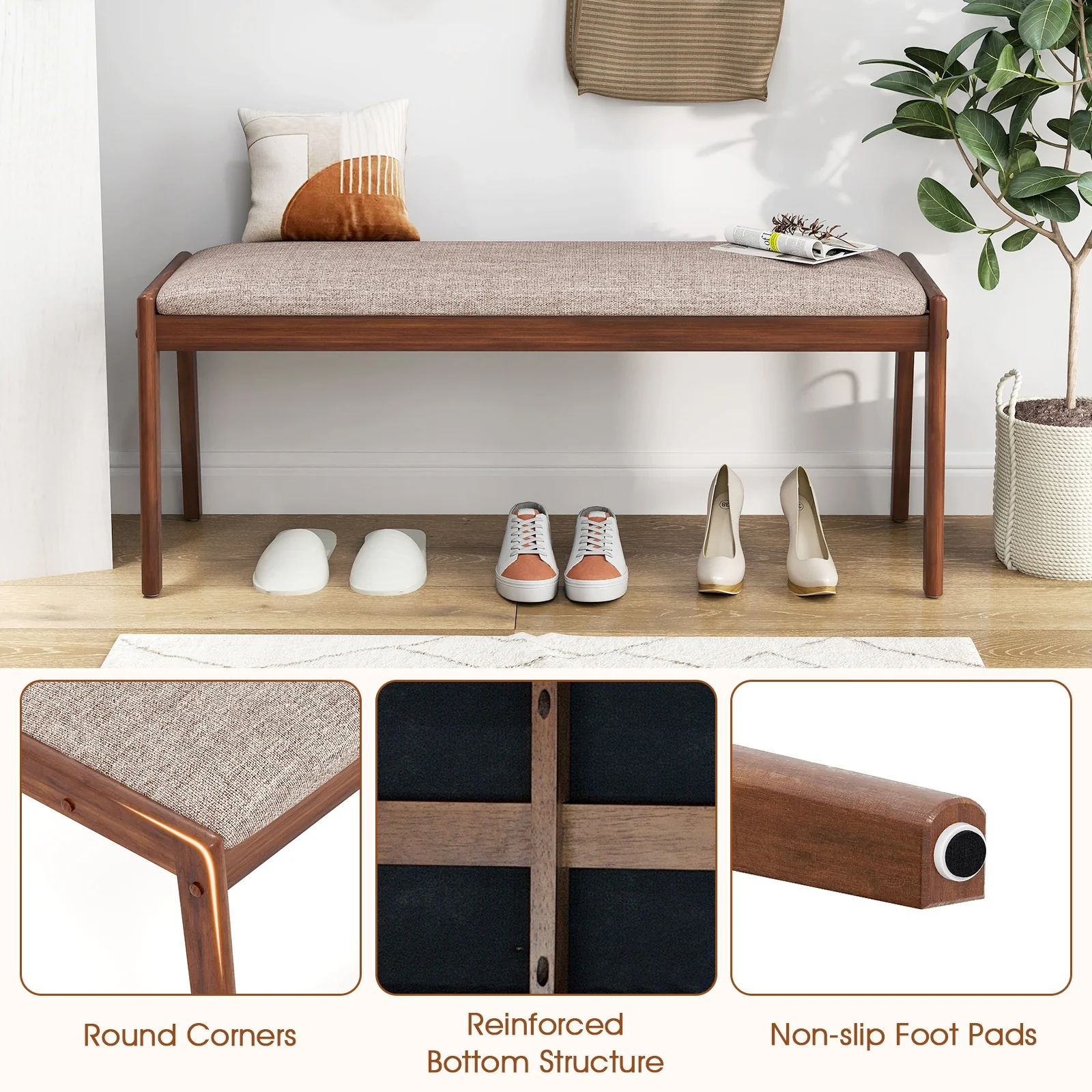 45 Inch Farmhouse Bench, Rubber Wood Legs, Fabric Padded Seat, Beige - Image 10