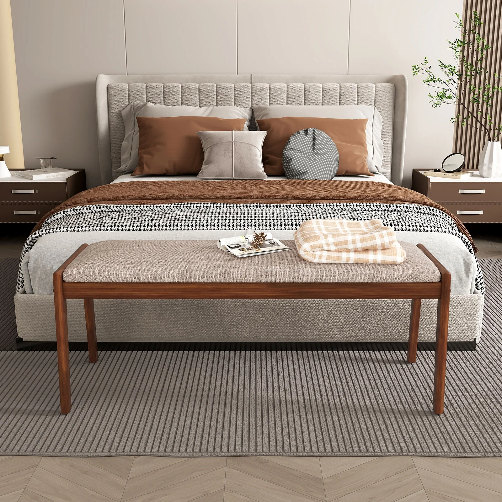 45 Inch Farmhouse Bench, Rubber Wood Legs, Fabric Padded Seat, Beige - Image 2