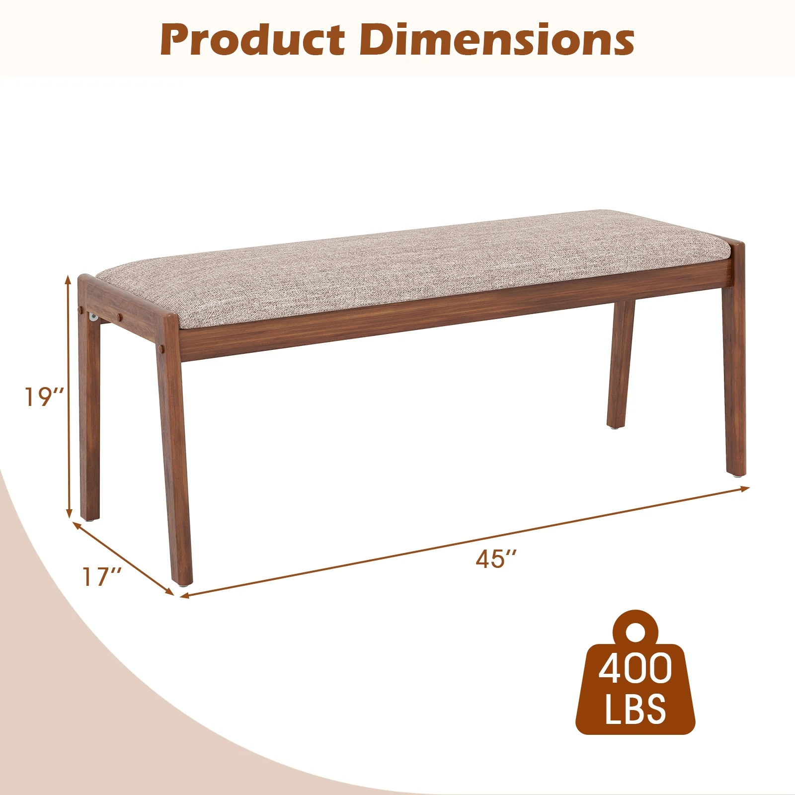 45 Inch Farmhouse Bench, Rubber Wood Legs, Fabric Padded Seat, Beige - Image 5