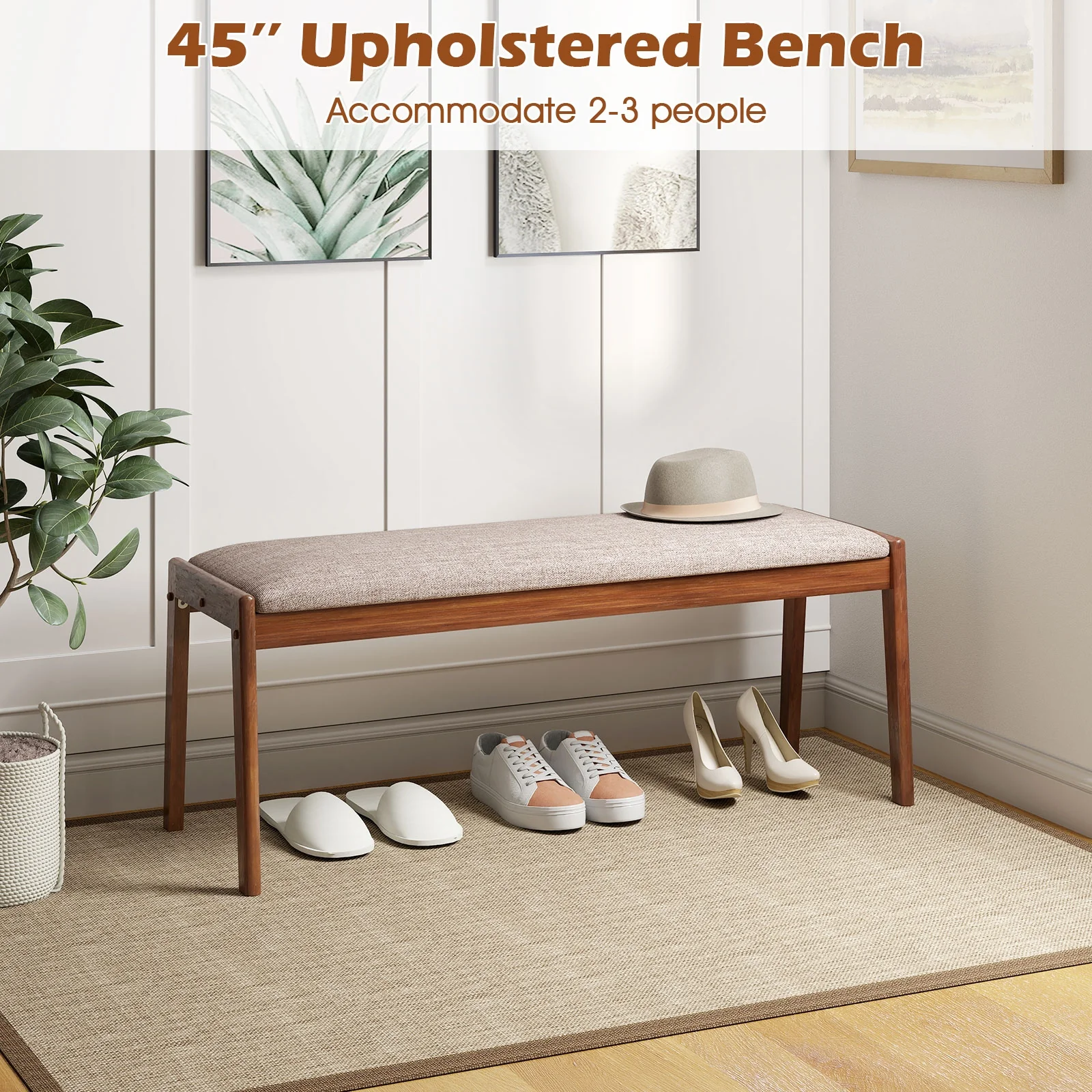 45 Inch Farmhouse Bench, Rubber Wood Legs, Fabric Padded Seat, Beige - Image 6