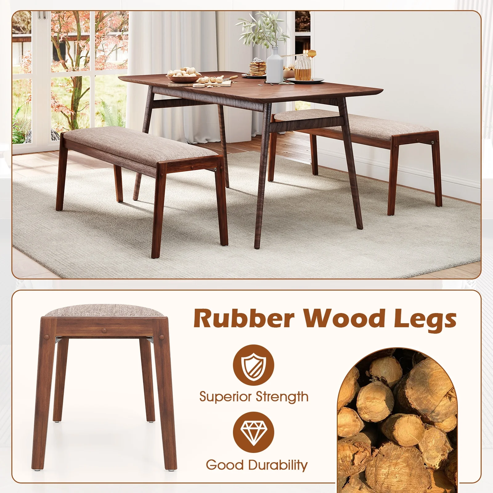 45 Inch Farmhouse Bench, Rubber Wood Legs, Fabric Padded Seat, Beige - Image 7