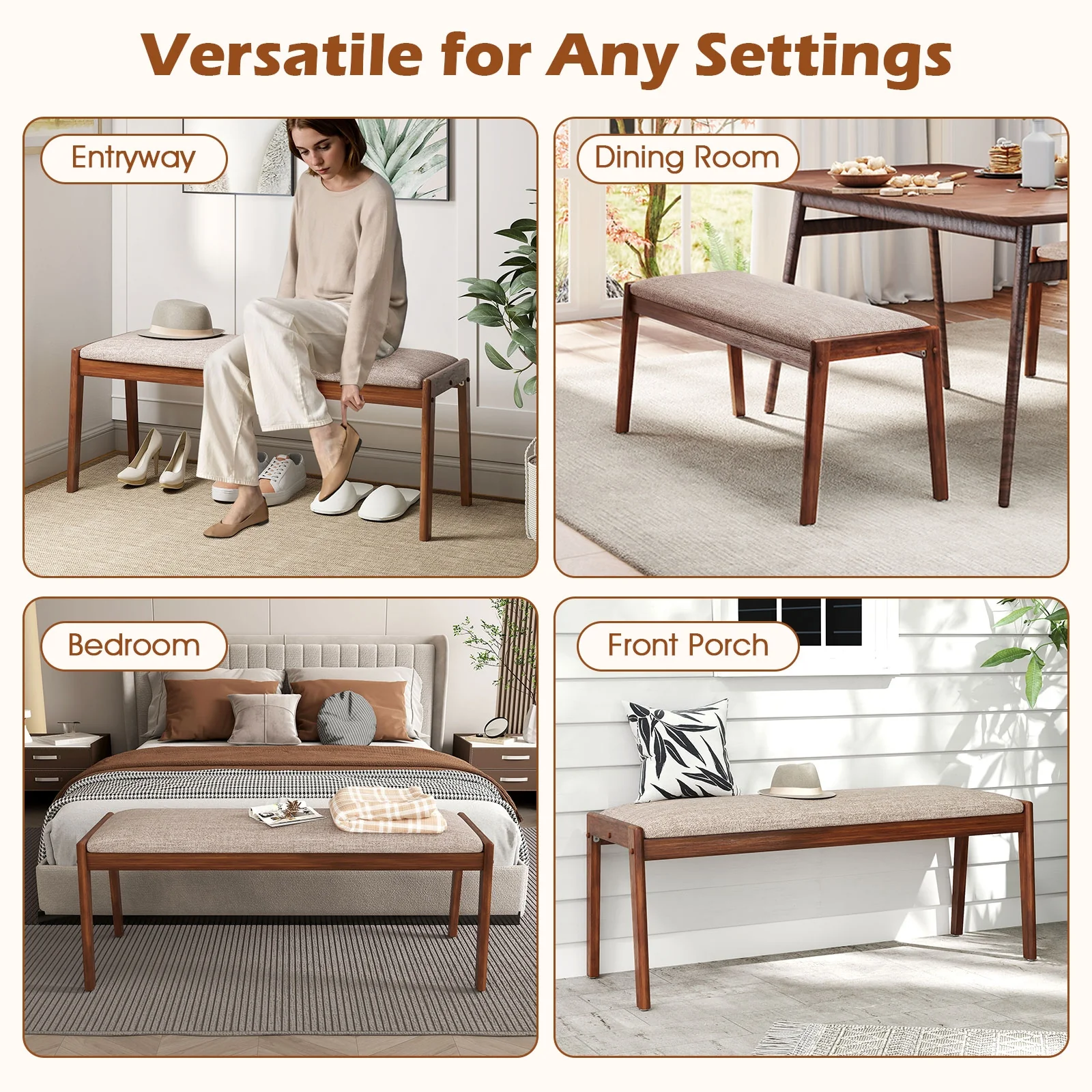 45 Inch Farmhouse Bench, Rubber Wood Legs, Fabric Padded Seat, Beige - Image 9
