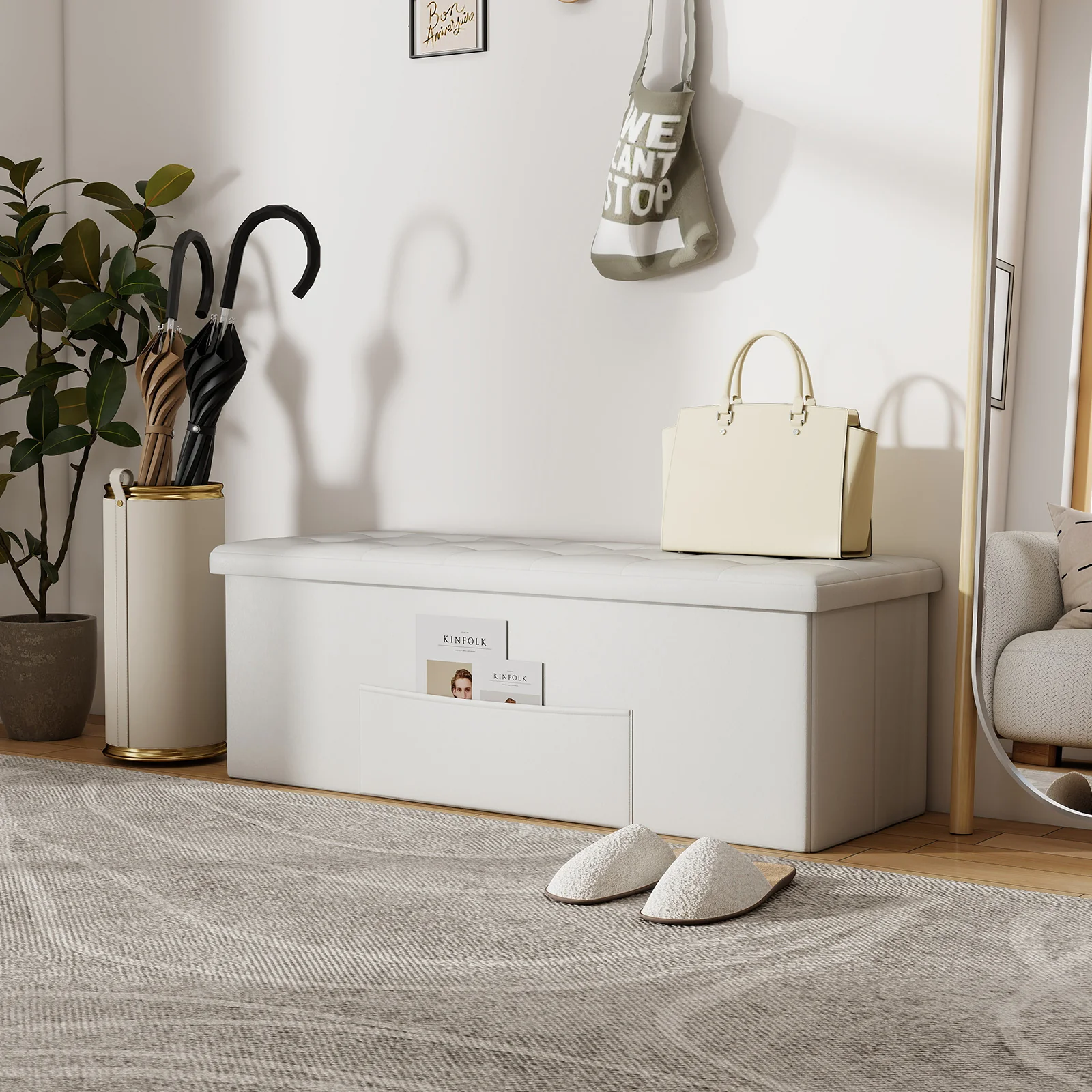 45 Inch Large Folding Ottoman Storage Seat, White - Image 2