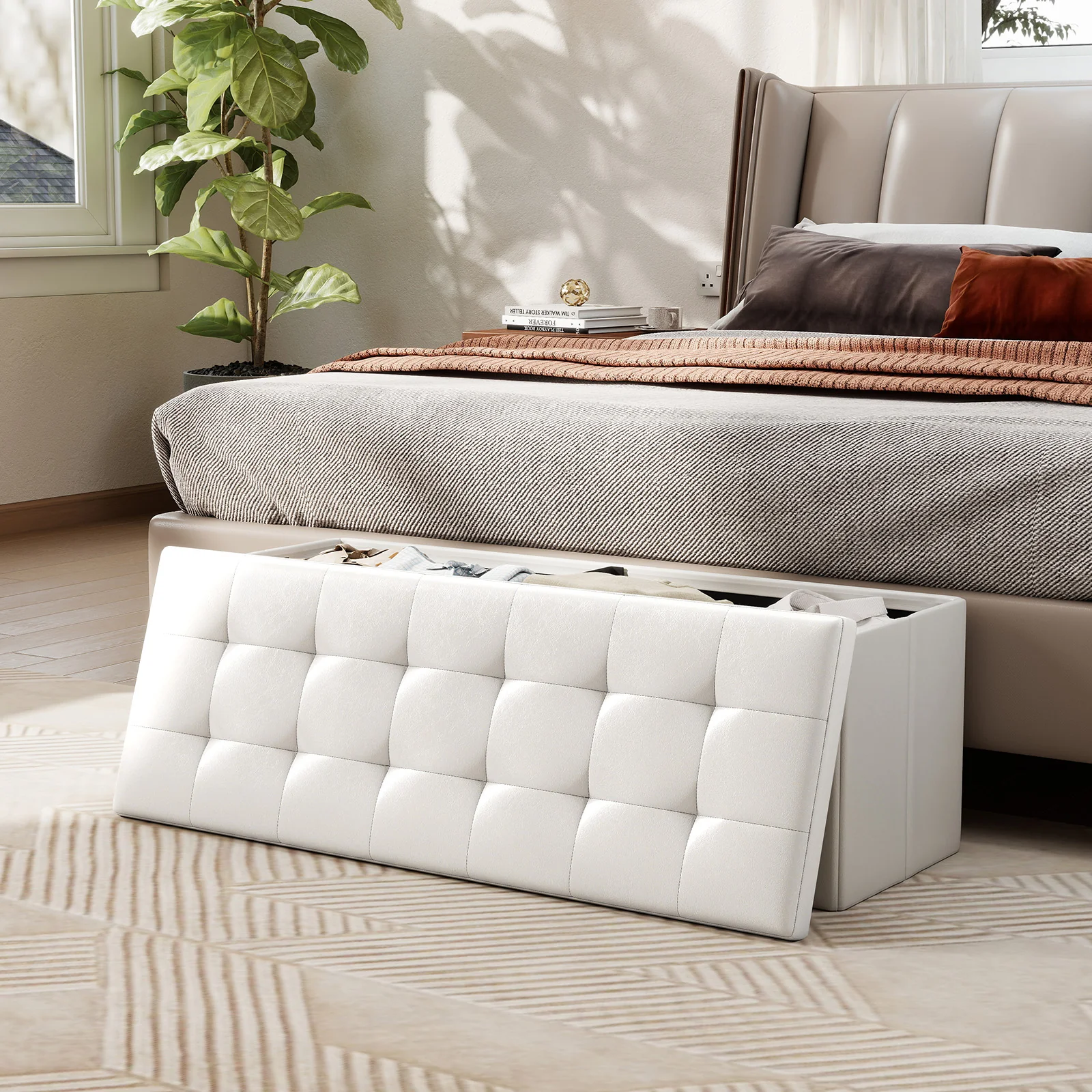 45 Inch Large Folding Ottoman Storage Seat, White - Image 3